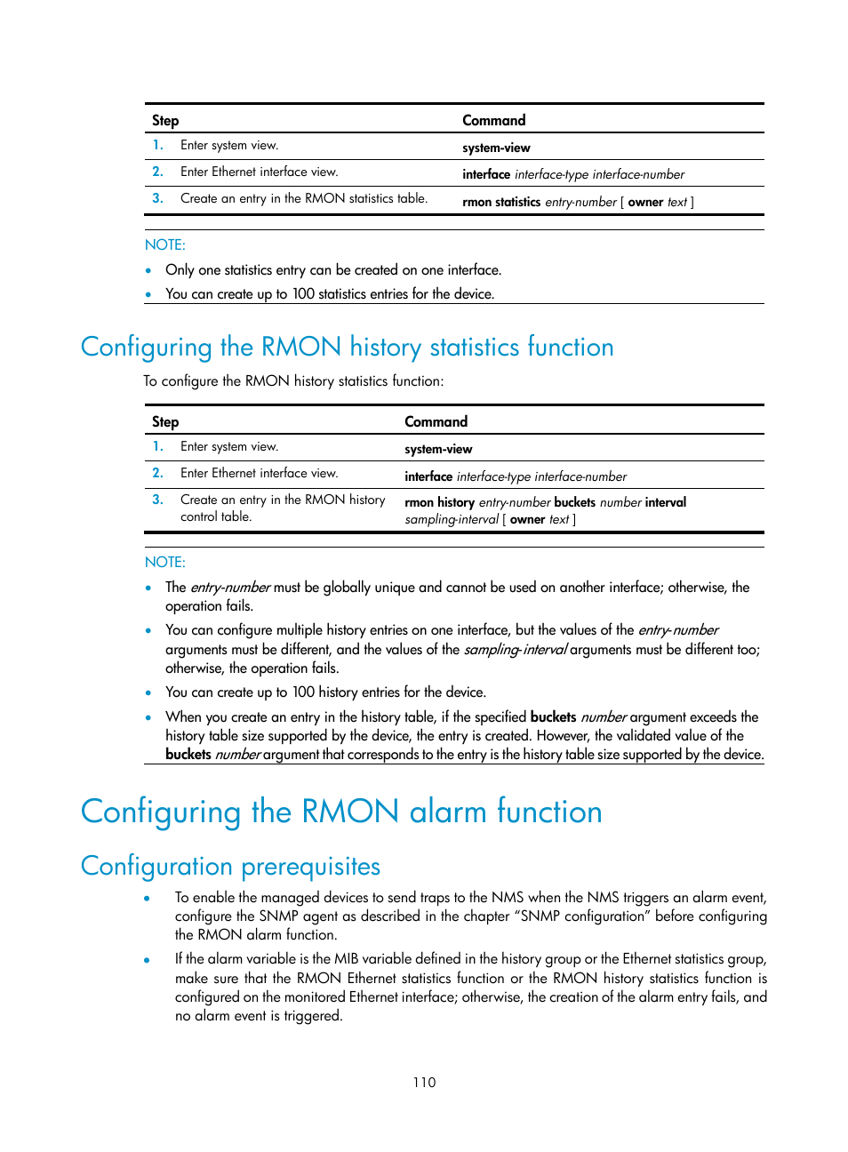 Configuring the rmon history statistics function, Configuring the rmon alarm function, Configuration prerequisites | H3C Technologies H3C SR8800 User Manual | Page 122 / 210