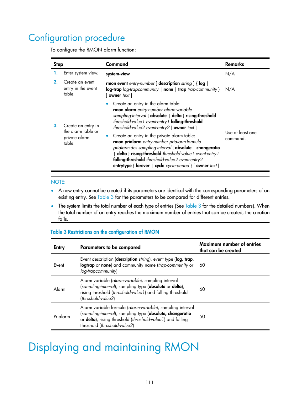 Configuration procedure, Displaying and maintaining rmon | H3C Technologies H3C SR8800 User Manual | Page 123 / 210