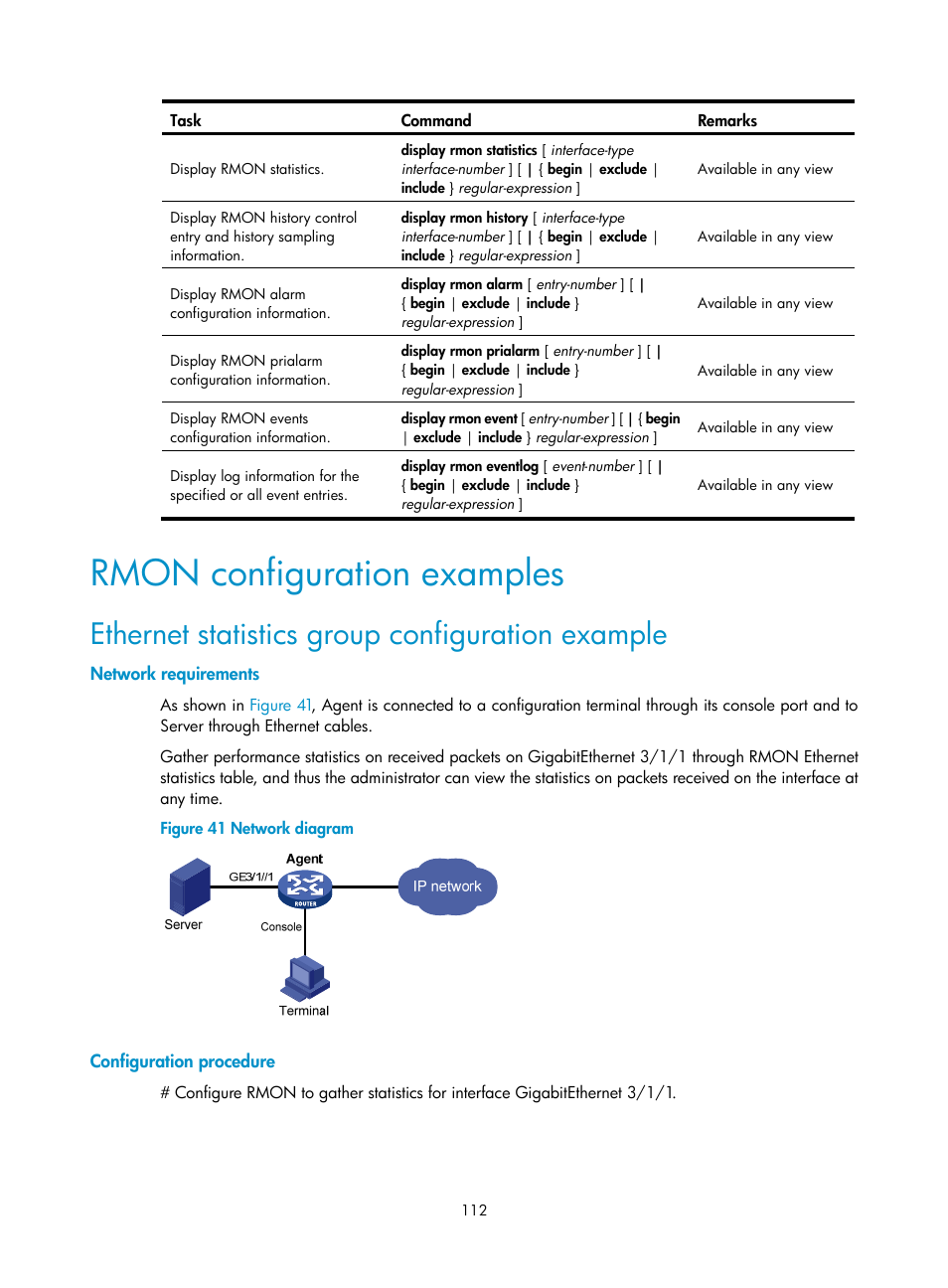 Rmon configuration examples, Ethernet statistics group configuration example, Network requirements | Configuration procedure | H3C Technologies H3C SR8800 User Manual | Page 124 / 210