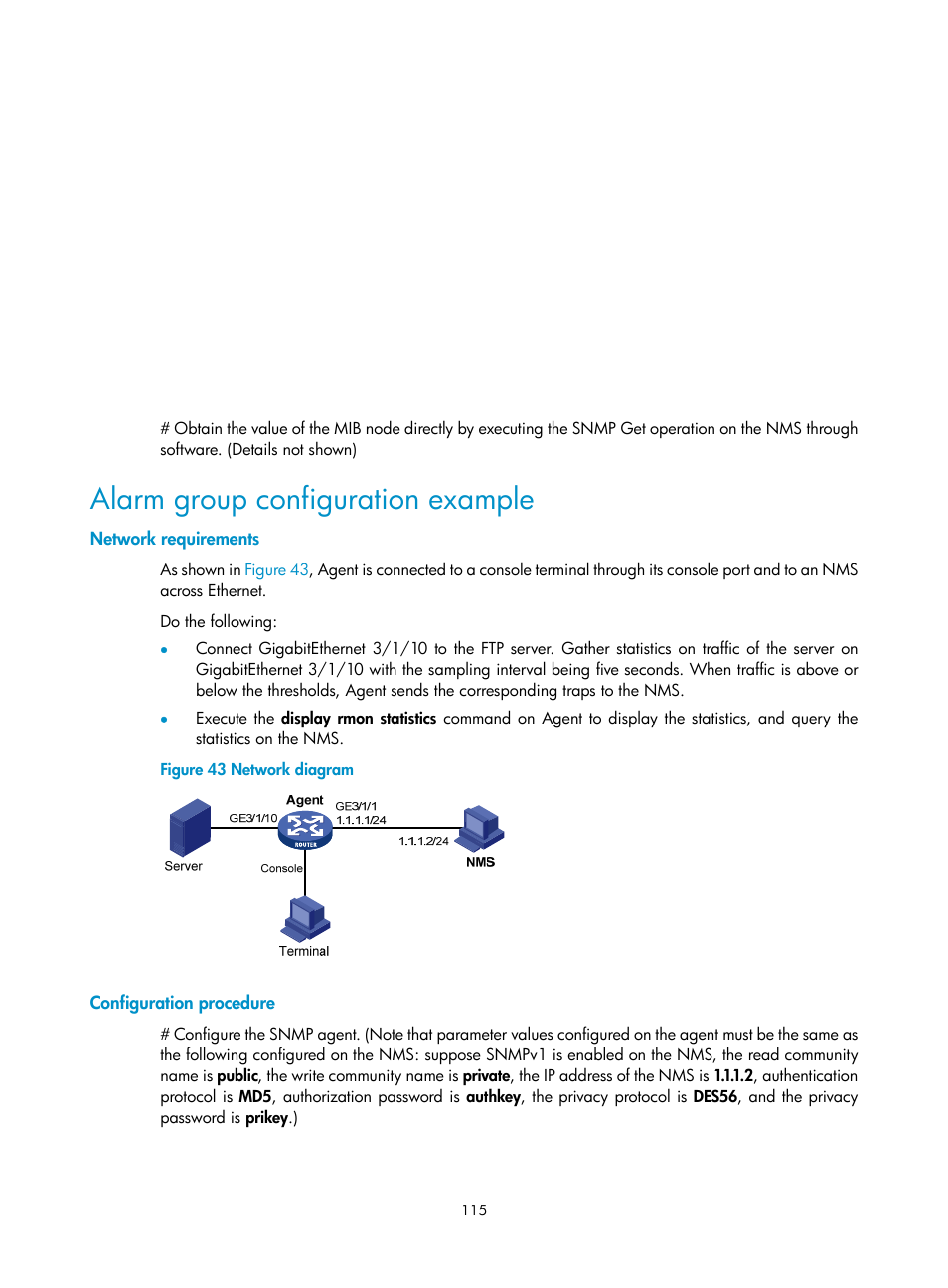 Alarm group configuration example, Network requirements, Configuration procedure | H3C Technologies H3C SR8800 User Manual | Page 127 / 210