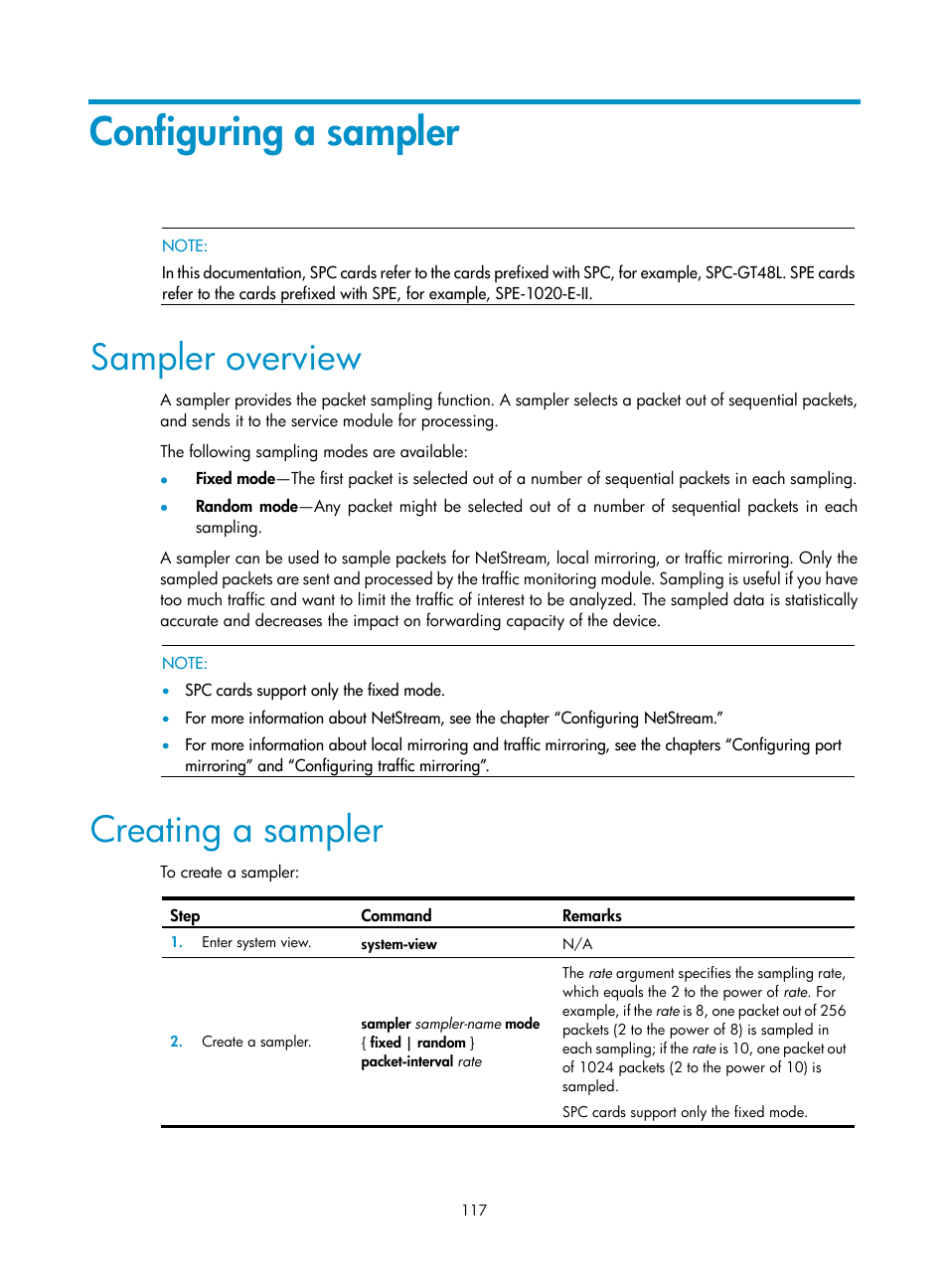 Configuring a sampler, Sampler overview, Creating a sampler | H3C Technologies H3C SR8800 User Manual | Page 129 / 210