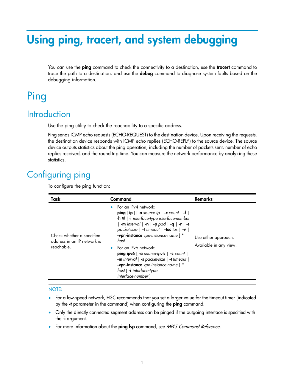 Using ping, tracert, and system debugging, Ping, Introduction | Configuring ping | H3C Technologies H3C SR8800 User Manual | Page 13 / 210