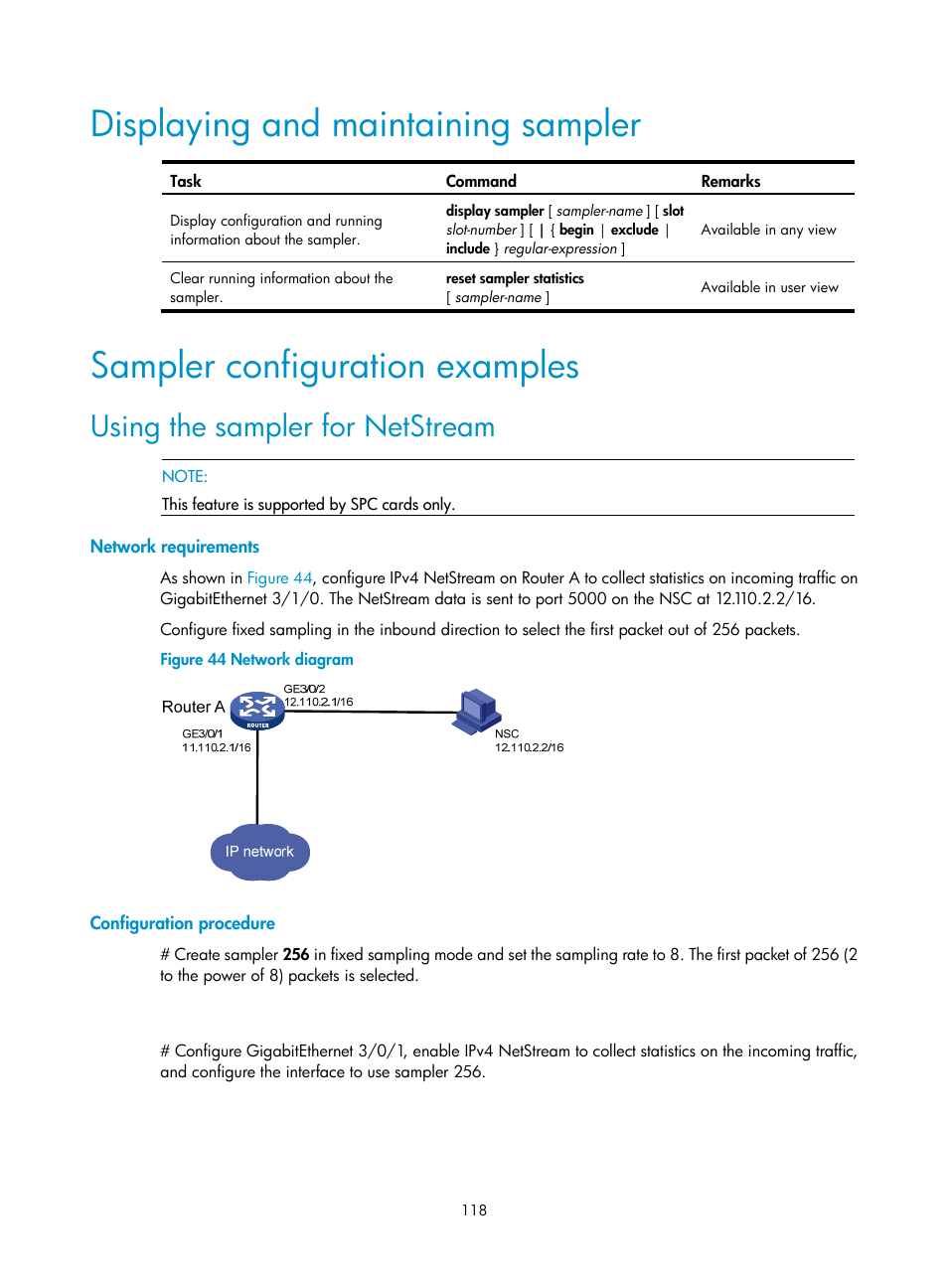 Displaying and maintaining sampler, Sampler configuration examples, Using the sampler for netstream | Network requirements, Configuration procedure | H3C Technologies H3C SR8800 User Manual | Page 130 / 210
