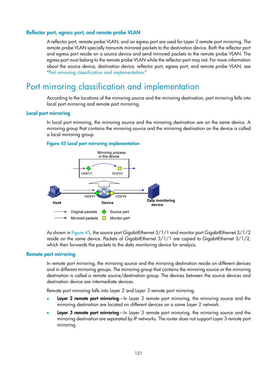 Reflector port, egress port, and remote probe vlan, Port mirroring classification and implementation, Local port mirroring | Remote port mirroring, Port mirroring, Classification and implementation | H3C Technologies H3C SR8800 User Manual | Page 133 / 210