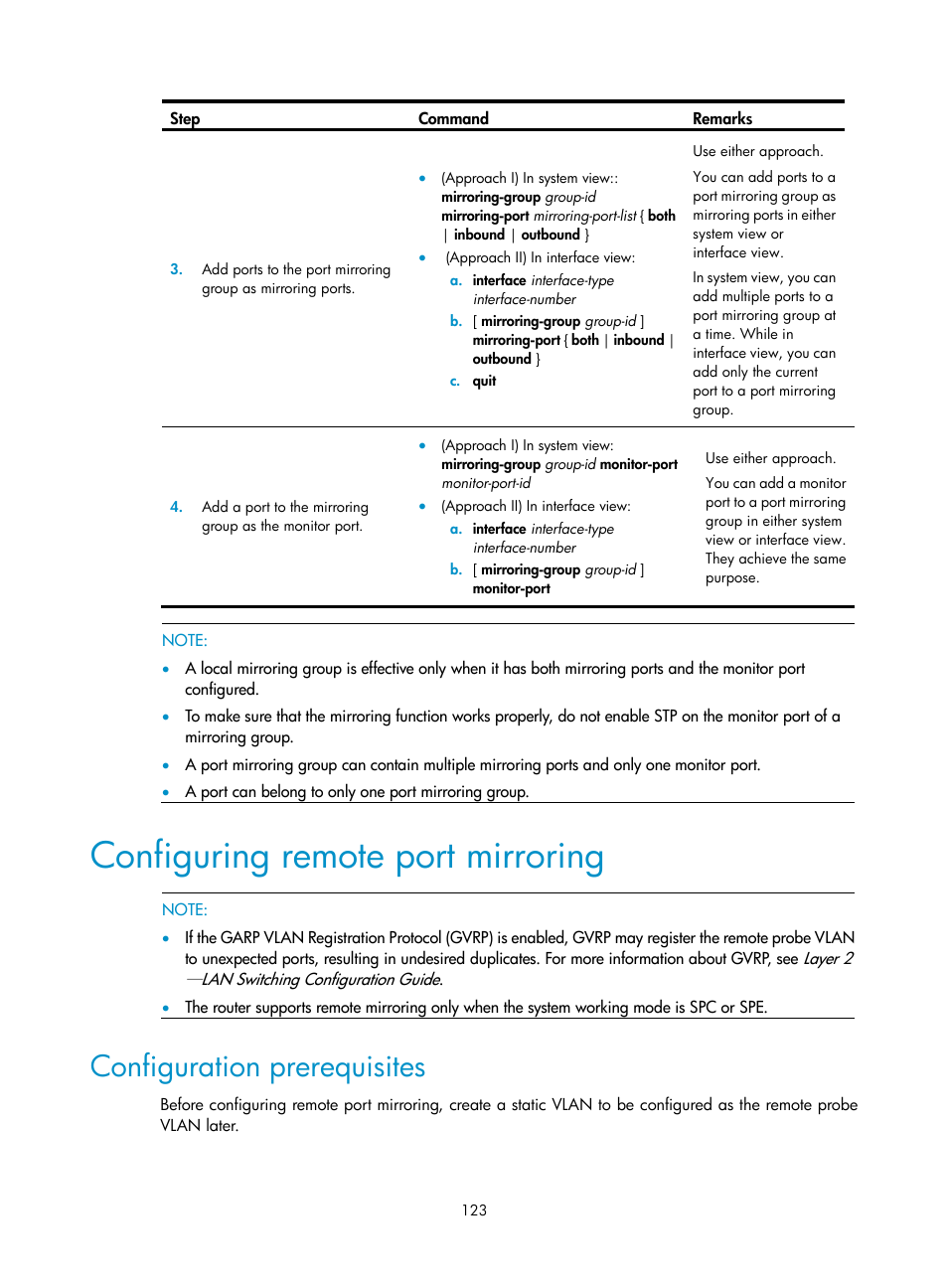 Configuring remote port mirroring, Configuration prerequisites | H3C Technologies H3C SR8800 User Manual | Page 135 / 210