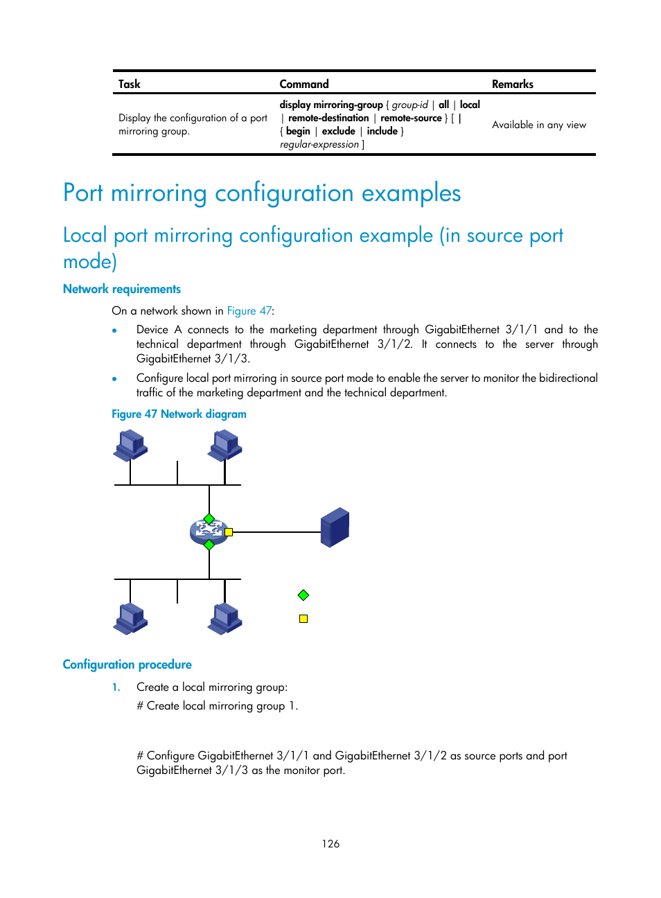 Port mirroring configuration examples, Network requirements, Configuration procedure | H3C Technologies H3C SR8800 User Manual | Page 138 / 210
