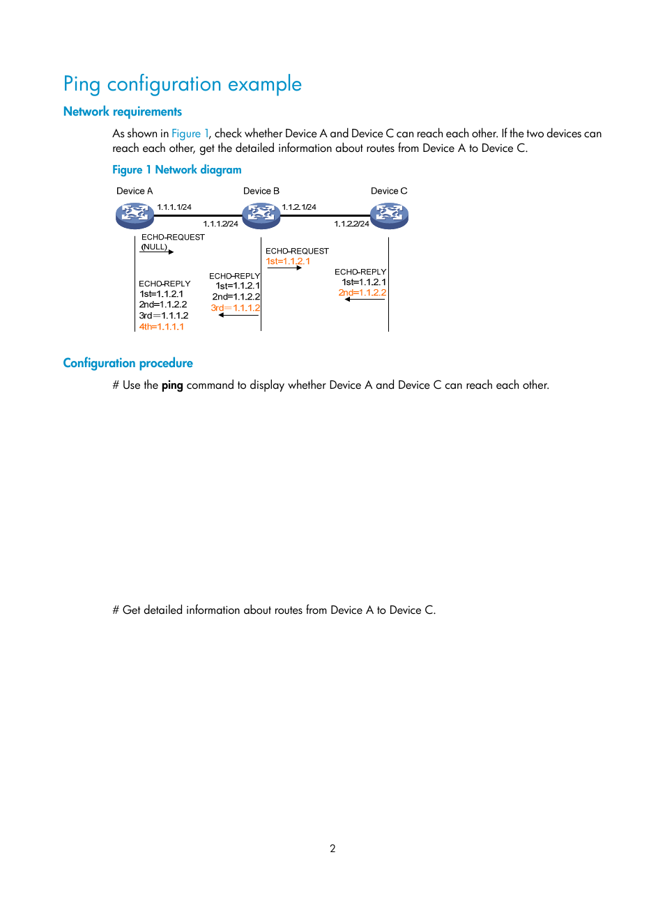 Ping configuration example, Network requirements, Configuration procedure | H3C Technologies H3C SR8800 User Manual | Page 14 / 210