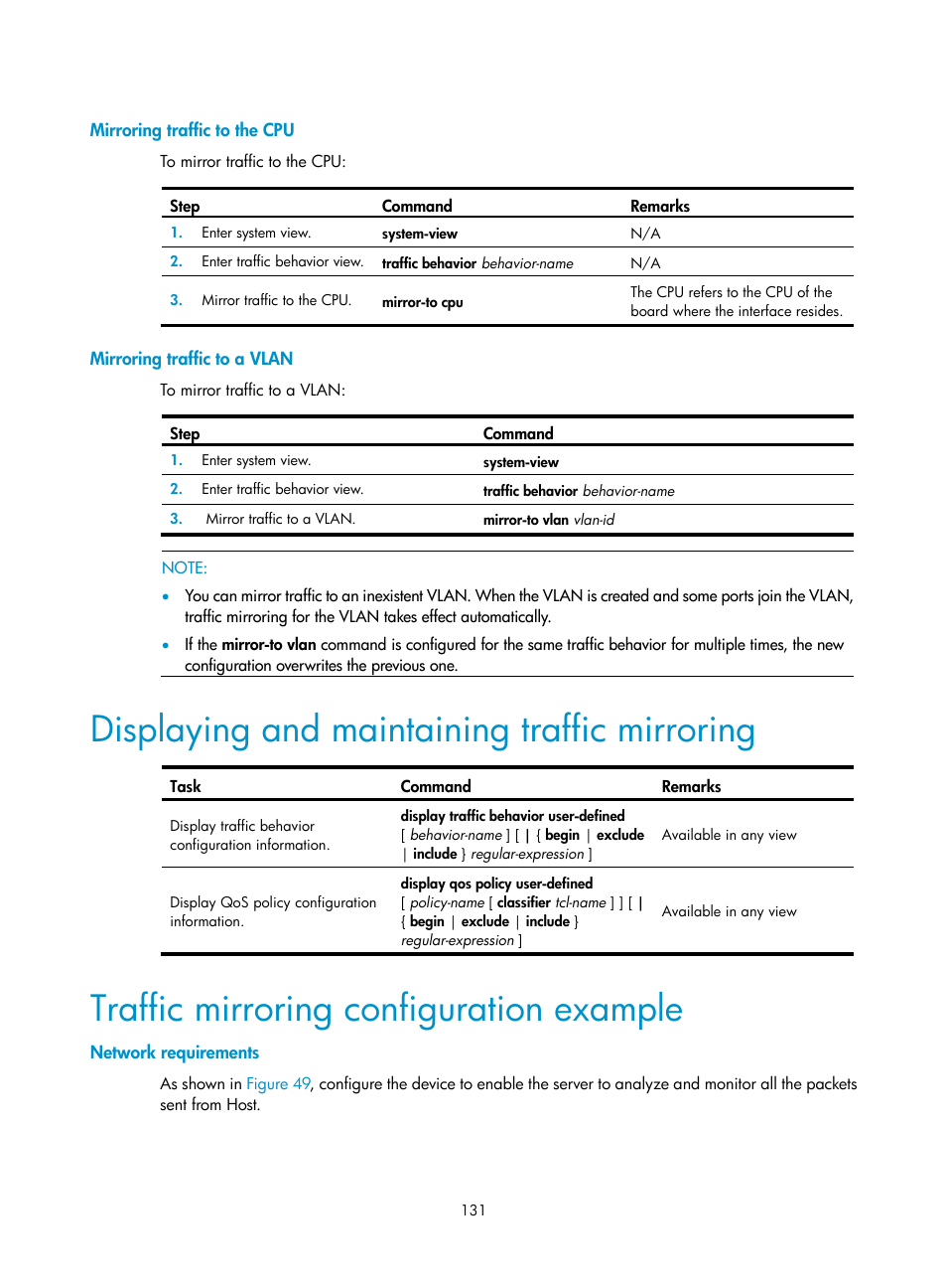 Mirroring traffic to the cpu, Mirroring traffic to a vlan, Displaying and maintaining traffic mirroring | Traffic mirroring configuration example, Network requirements | H3C Technologies H3C SR8800 User Manual | Page 143 / 210