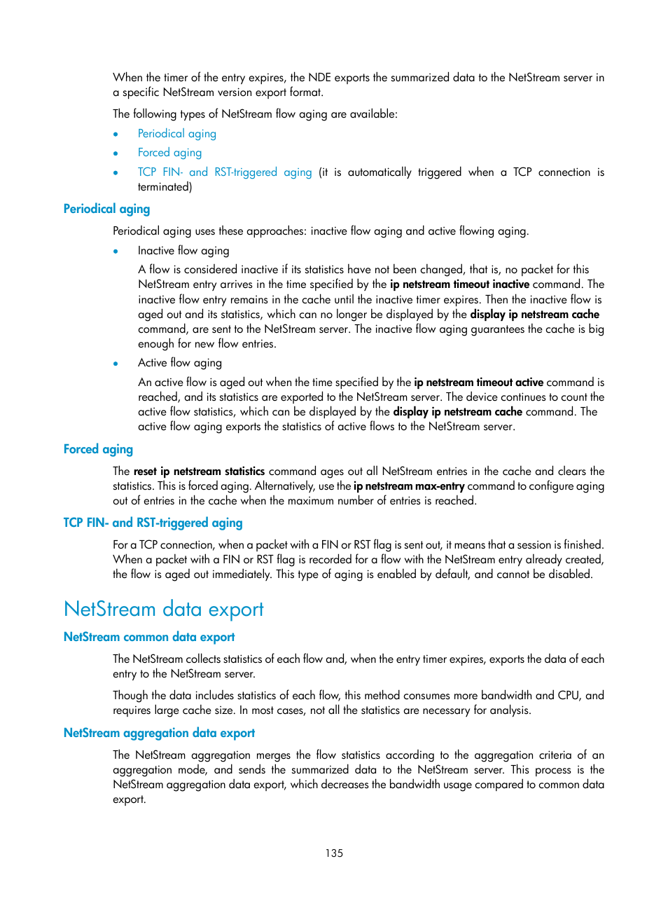 Periodical aging, Forced aging, Tcp fin- and rst-triggered aging | Netstream data export, Netstream common data export, Netstream aggregation data export | H3C Technologies H3C SR8800 User Manual | Page 147 / 210