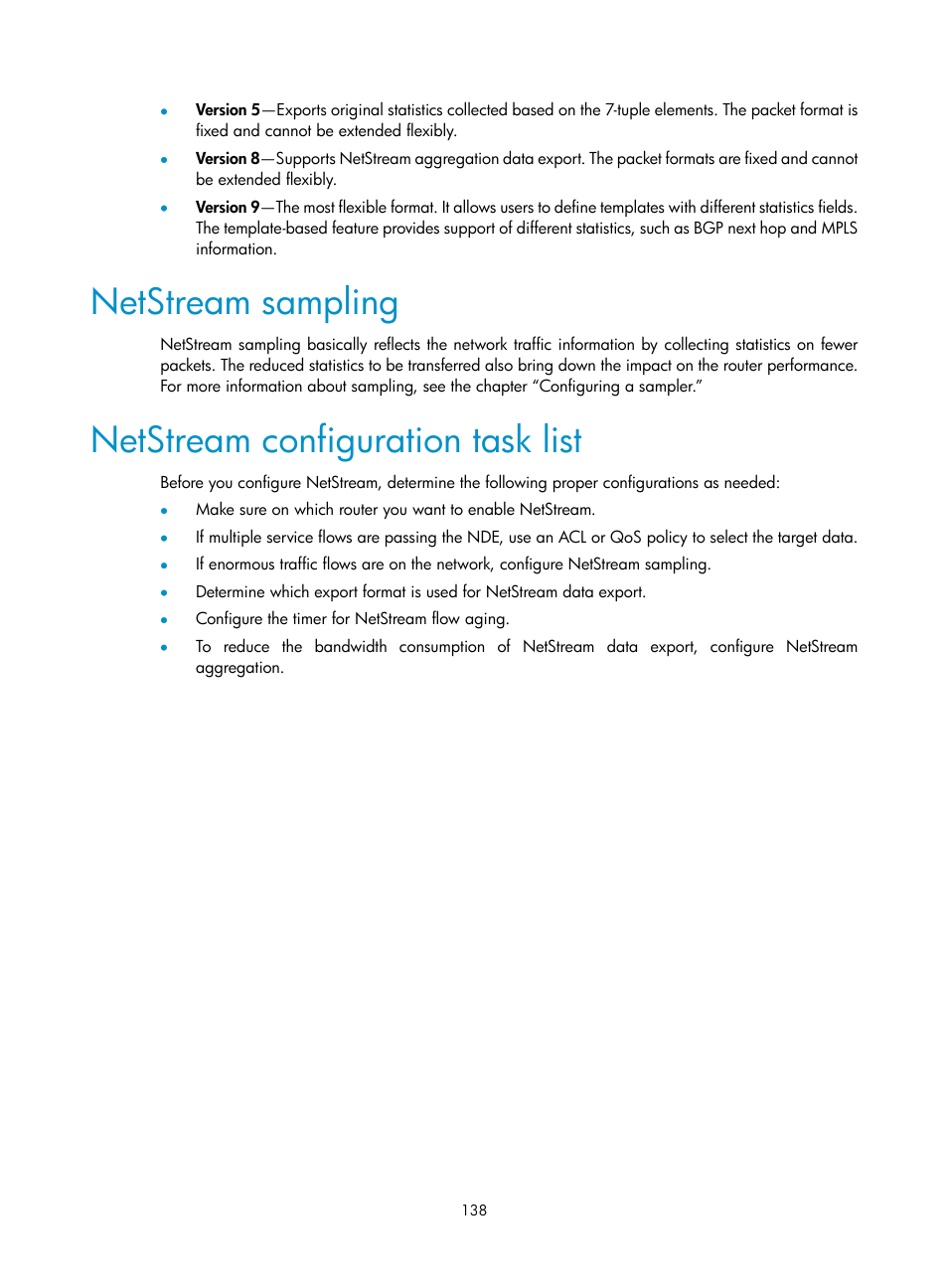Netstream sampling, Netstream configuration task list | H3C Technologies H3C SR8800 User Manual | Page 150 / 210