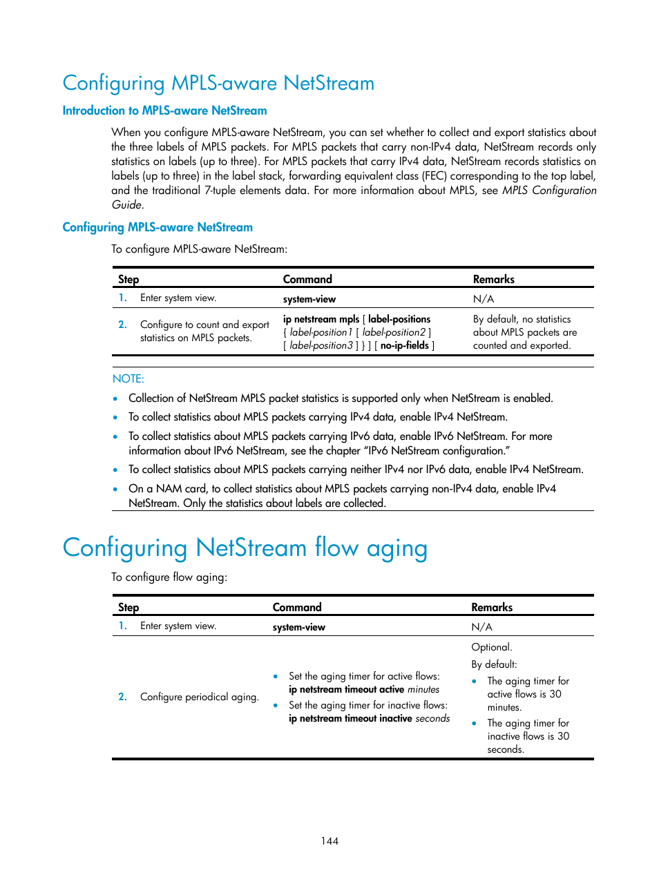 Configuring mpls-aware netstream, Introduction to mpls-aware netstream, Configuring netstream flow aging | H3C Technologies H3C SR8800 User Manual | Page 156 / 210