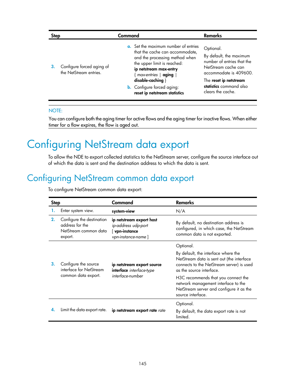 Configuring netstream data export, Configuring netstream common data export | H3C Technologies H3C SR8800 User Manual | Page 157 / 210