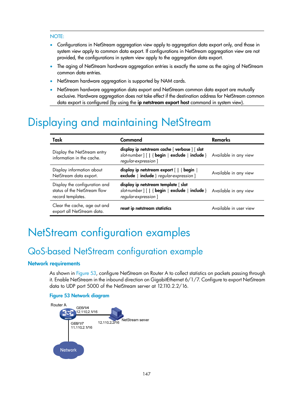 Displaying and maintaining netstream, Netstream configuration examples, Qos-based netstream configuration example | Network requirements | H3C Technologies H3C SR8800 User Manual | Page 159 / 210