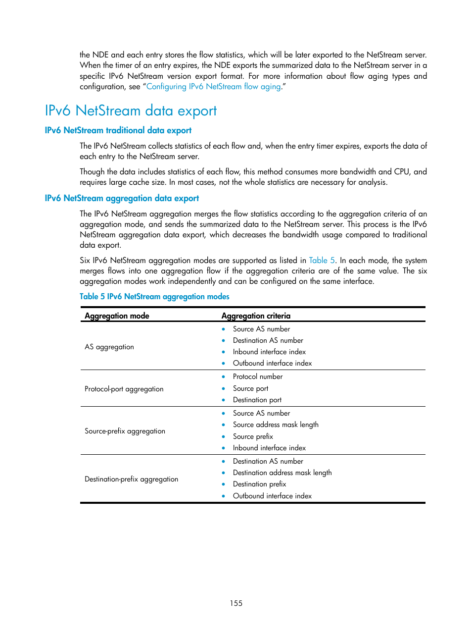 Ipv6 netstream data export, Ipv6 netstream traditional data export, Ipv6 netstream aggregation data export | H3C Technologies H3C SR8800 User Manual | Page 167 / 210