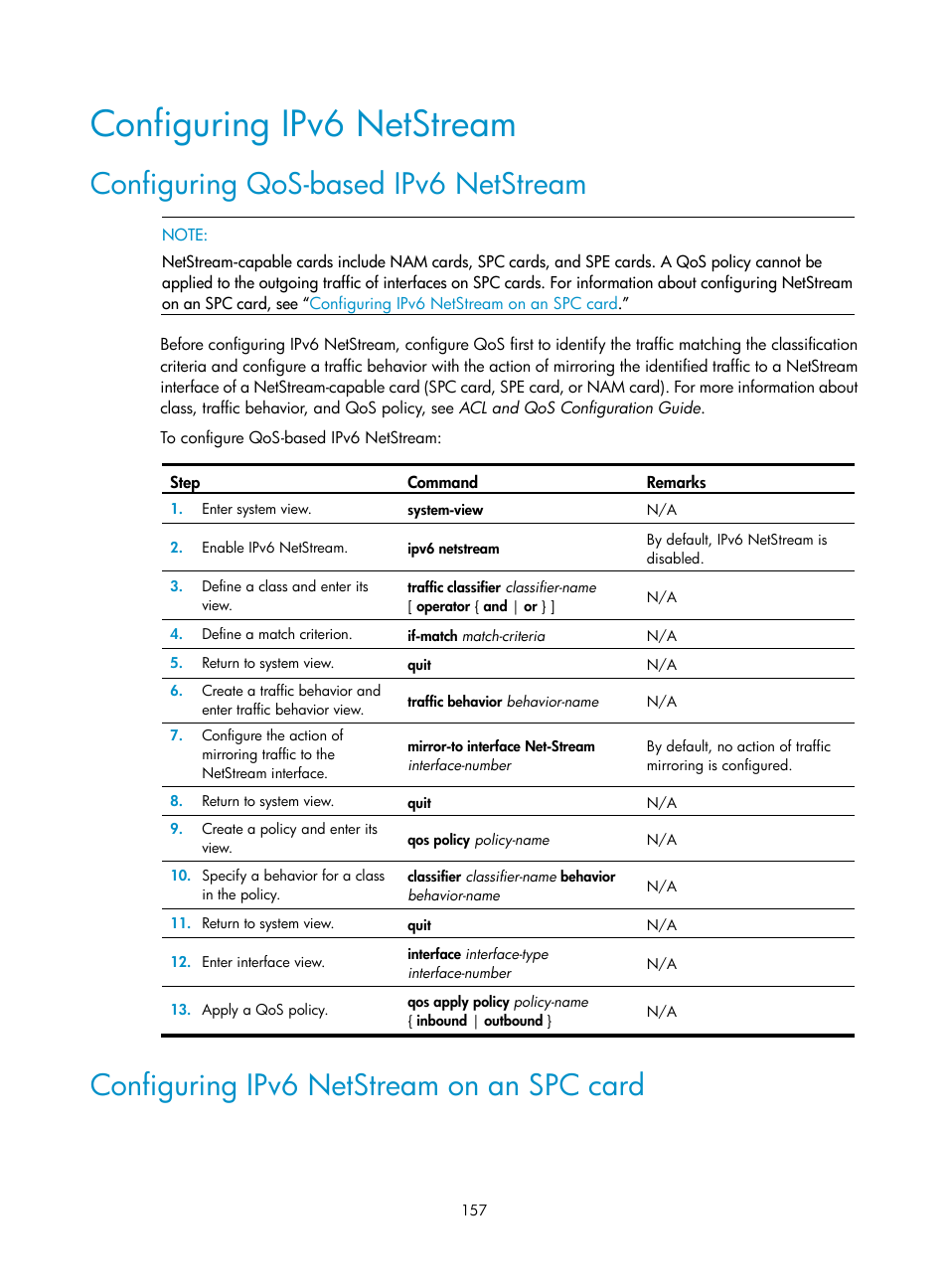 Configuring ipv6 netstream, Configuring qos-based ipv6 netstream, Configuring ipv6 netstream on an spc card | H3C Technologies H3C SR8800 User Manual | Page 169 / 210
