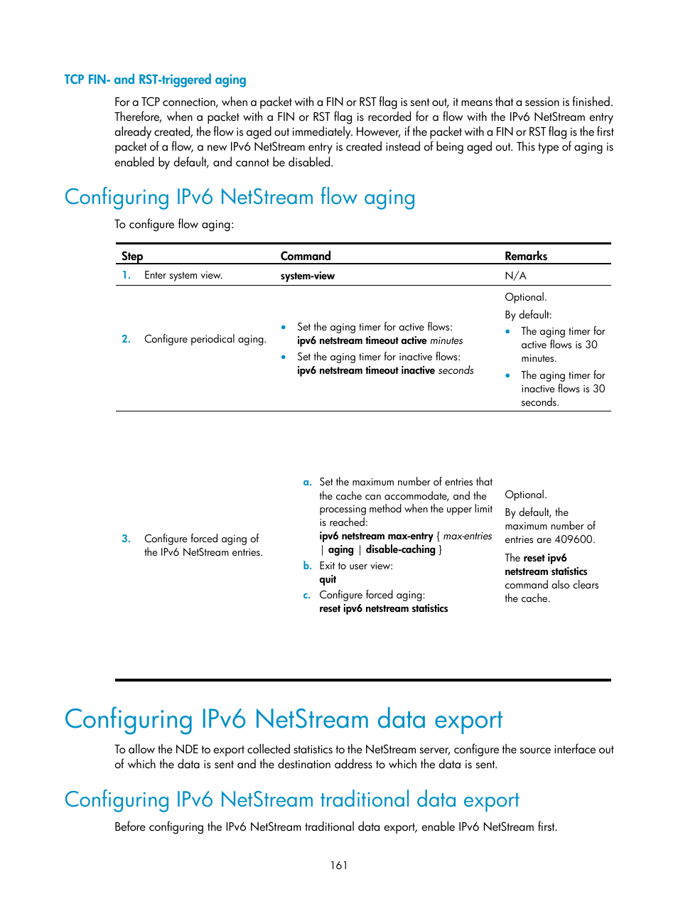 Tcp fin- and rst-triggered aging, Configuring ipv6 netstream flow aging, Configuring ipv6 netstream data export | Configuring ipv6 netstream traditional data export | H3C Technologies H3C SR8800 User Manual | Page 173 / 210