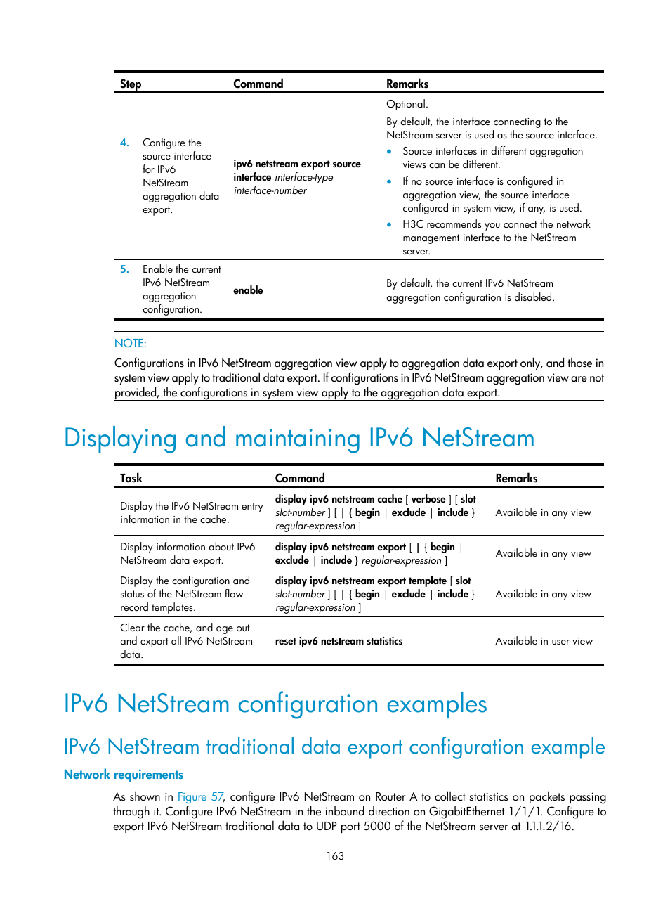 Displaying and maintaining ipv6 netstream, Ipv6 netstream configuration examples, Network requirements | H3C Technologies H3C SR8800 User Manual | Page 175 / 210