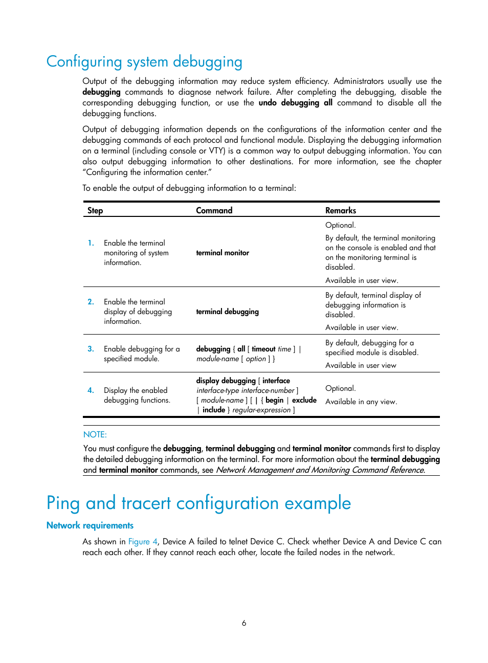 Configuring system debugging, Ping and tracert configuration example, Network requirements | H3C Technologies H3C SR8800 User Manual | Page 18 / 210