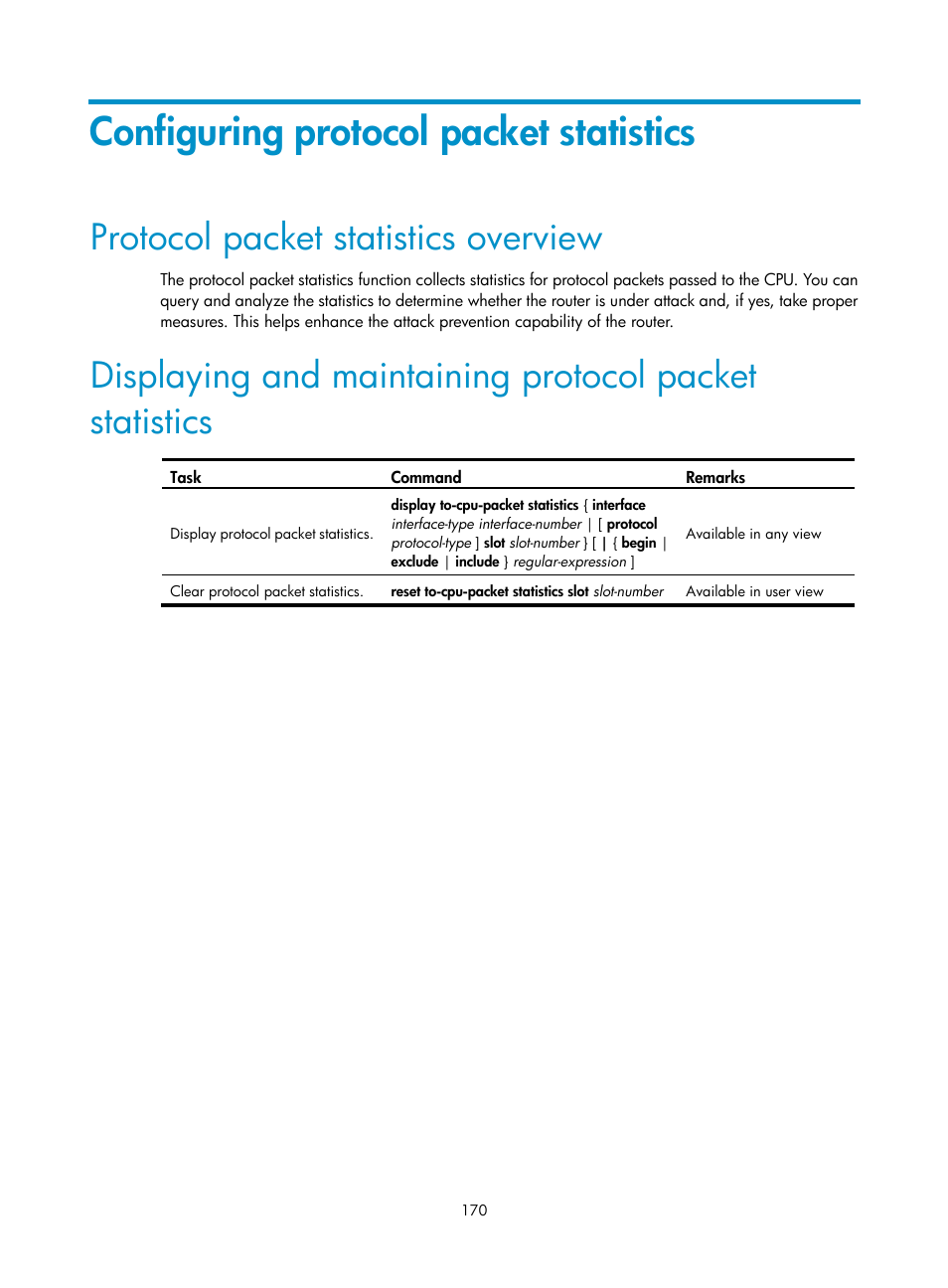 Configuring protocol packet statistics, Protocol packet statistics overview | H3C Technologies H3C SR8800 User Manual | Page 182 / 210