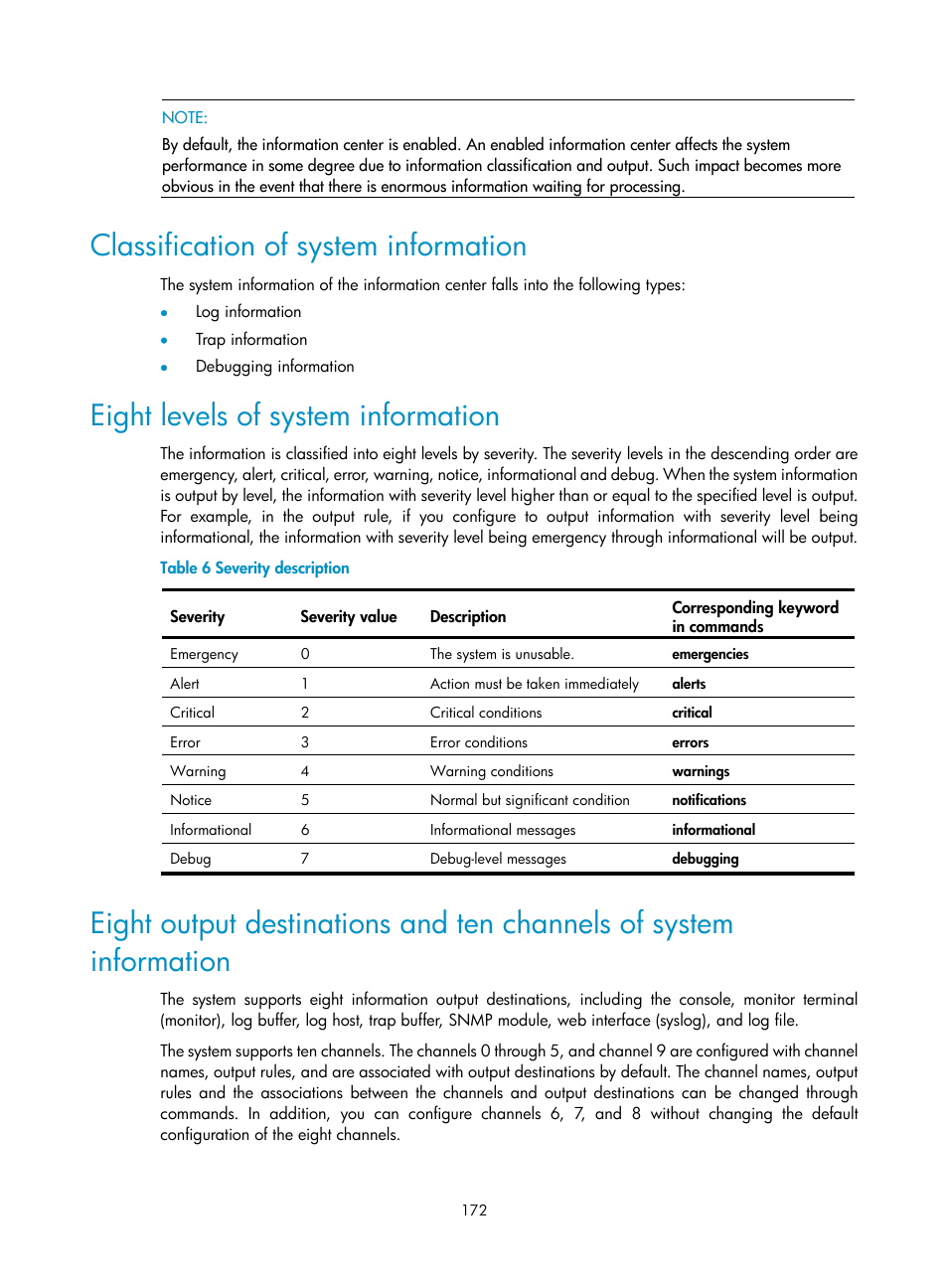 Classification of system information, Eight levels of system information | H3C Technologies H3C SR8800 User Manual | Page 184 / 210