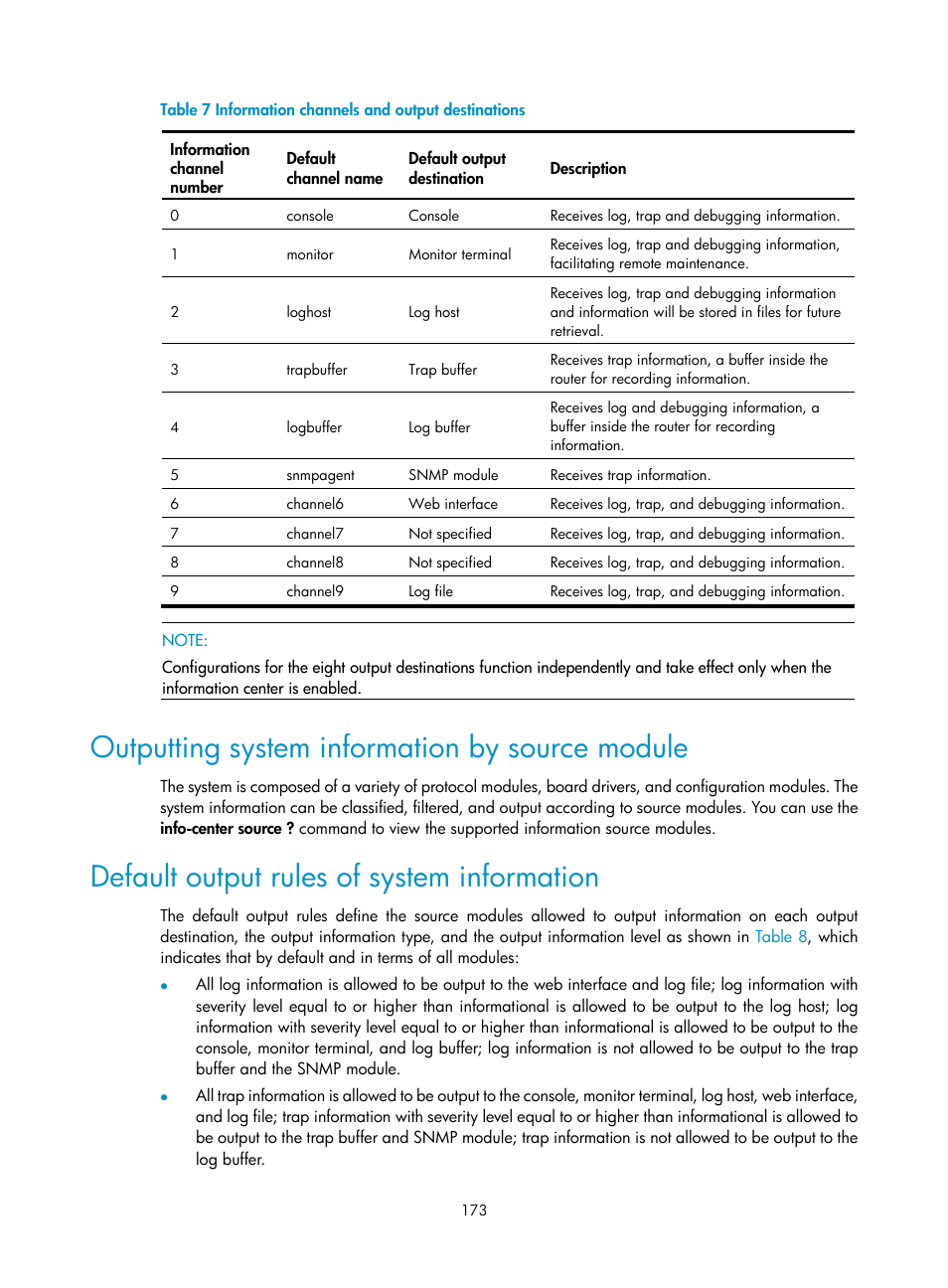 Outputting system information by source module, Default output rules of system information | H3C Technologies H3C SR8800 User Manual | Page 185 / 210