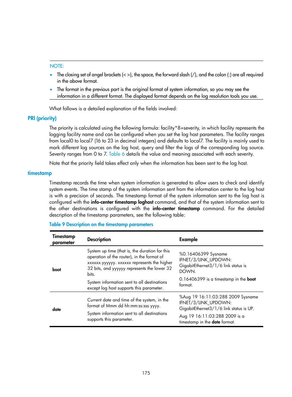 Pri (priority), Timestamp | H3C Technologies H3C SR8800 User Manual | Page 187 / 210