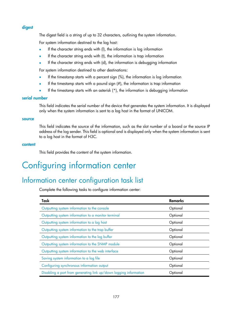 Digest, Serial number, Source | Content, Configuring information center, Information center configuration task list | H3C Technologies H3C SR8800 User Manual | Page 189 / 210