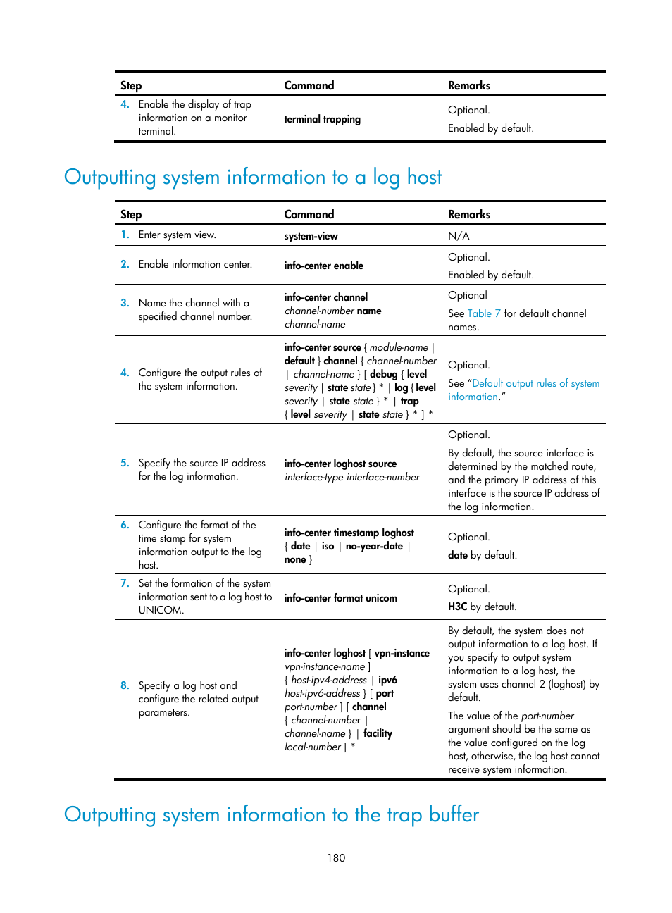 Outputting system information to a log host, Outputting system information to the trap buffer | H3C Technologies H3C SR8800 User Manual | Page 192 / 210