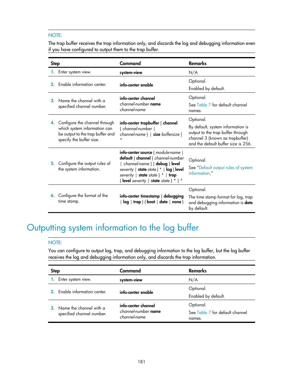 Outputting system information to the log buffer | H3C Technologies H3C SR8800 User Manual | Page 193 / 210