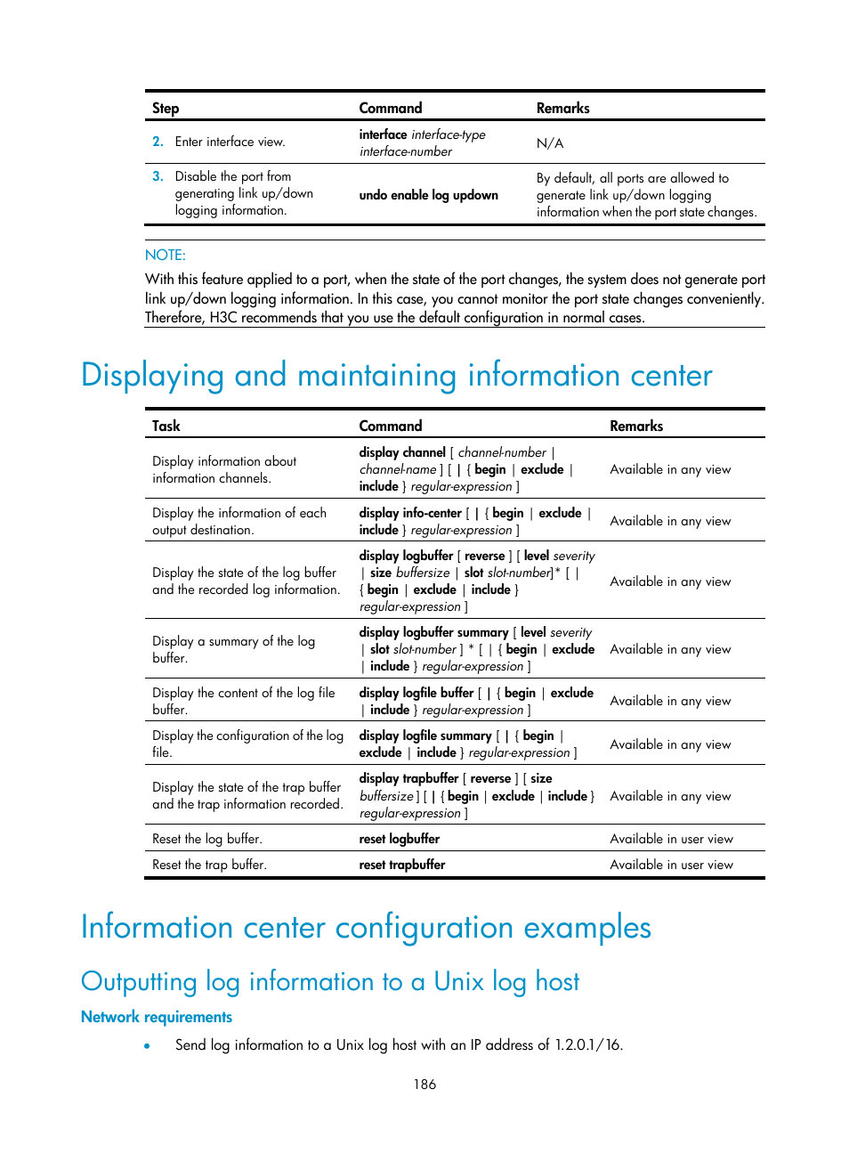 Displaying and maintaining information center, Information center configuration examples, Outputting log information to a unix log host | Network requirements | H3C Technologies H3C SR8800 User Manual | Page 198 / 210