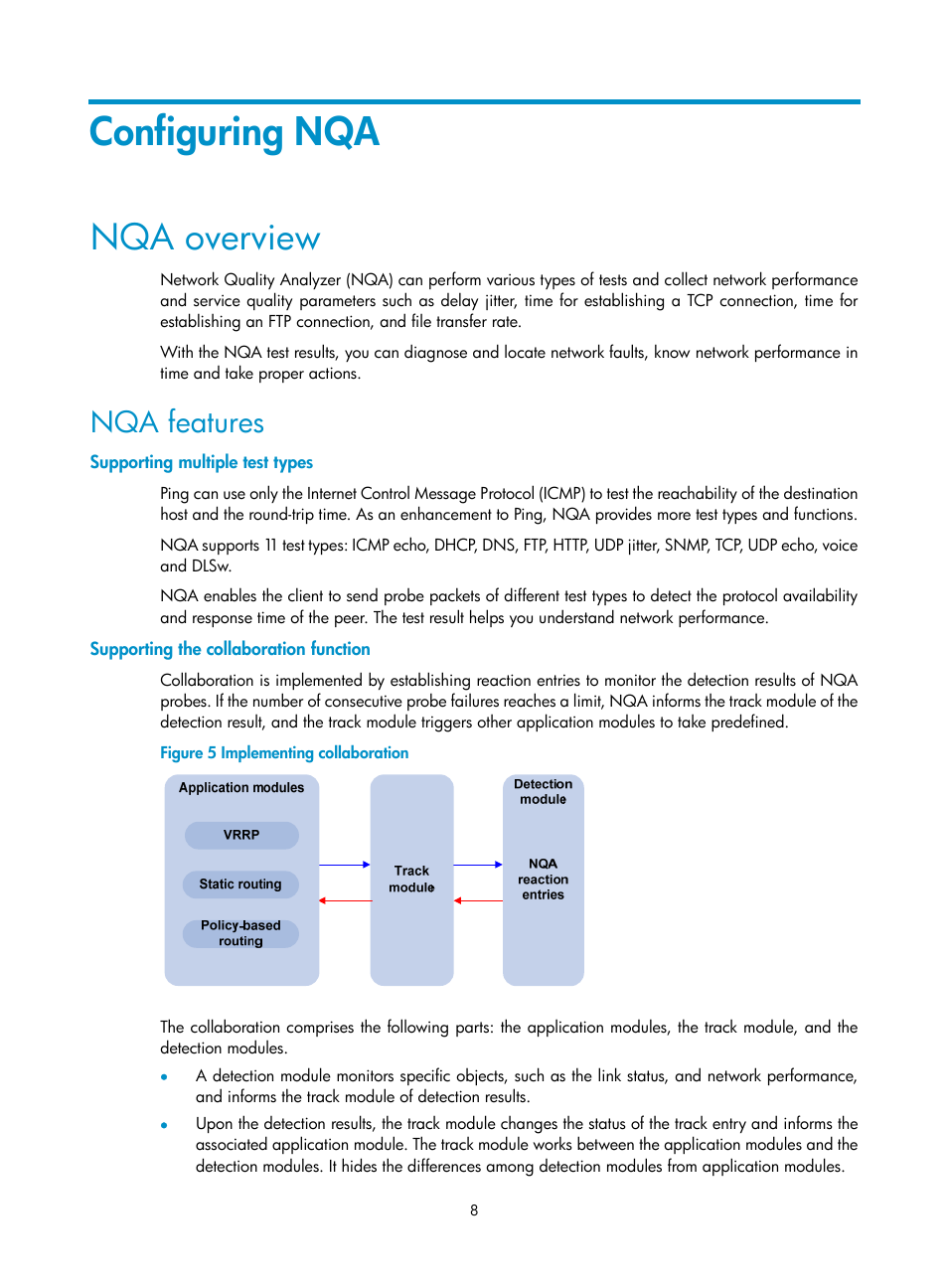 Configuring nqa, Nqa overview, Nqa features | Supporting multiple test types, Supporting the collaboration function | H3C Technologies H3C SR8800 User Manual | Page 20 / 210