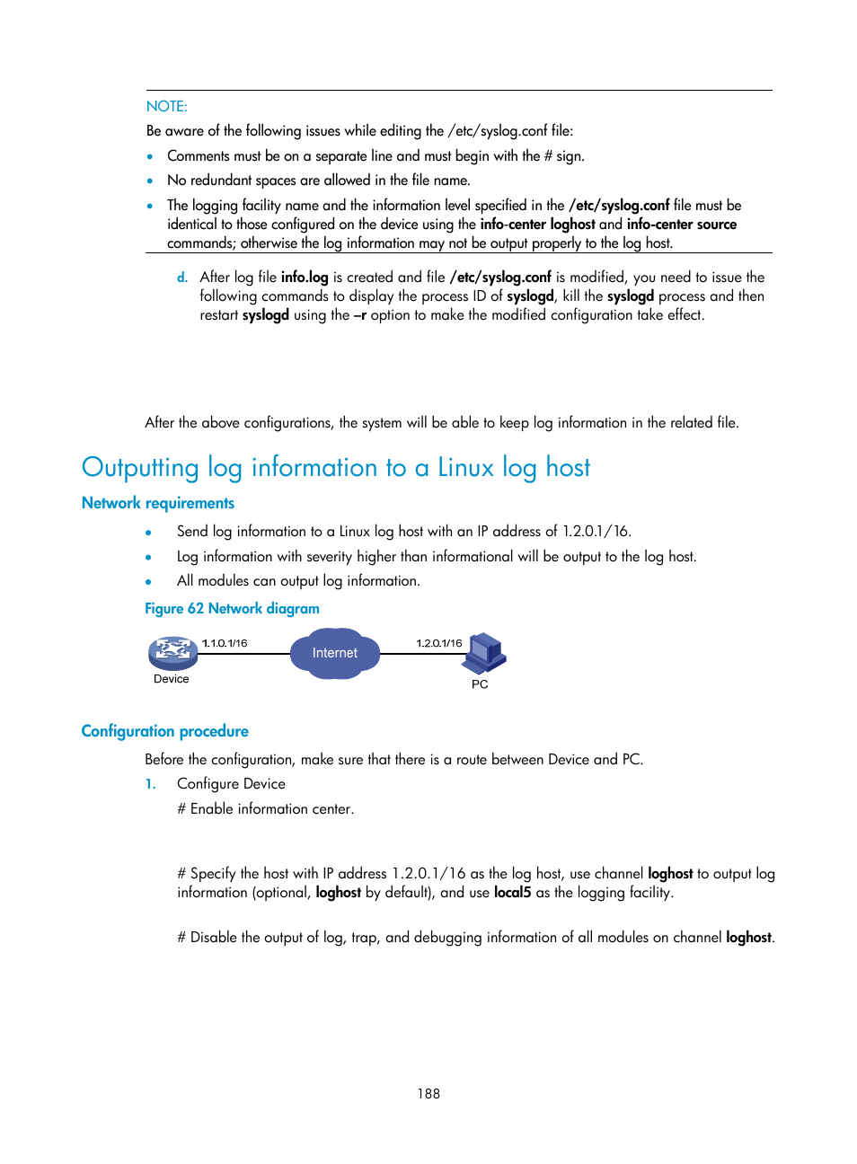 Outputting log information to a linux log host, Network requirements, Configuration procedure | H3C Technologies H3C SR8800 User Manual | Page 200 / 210