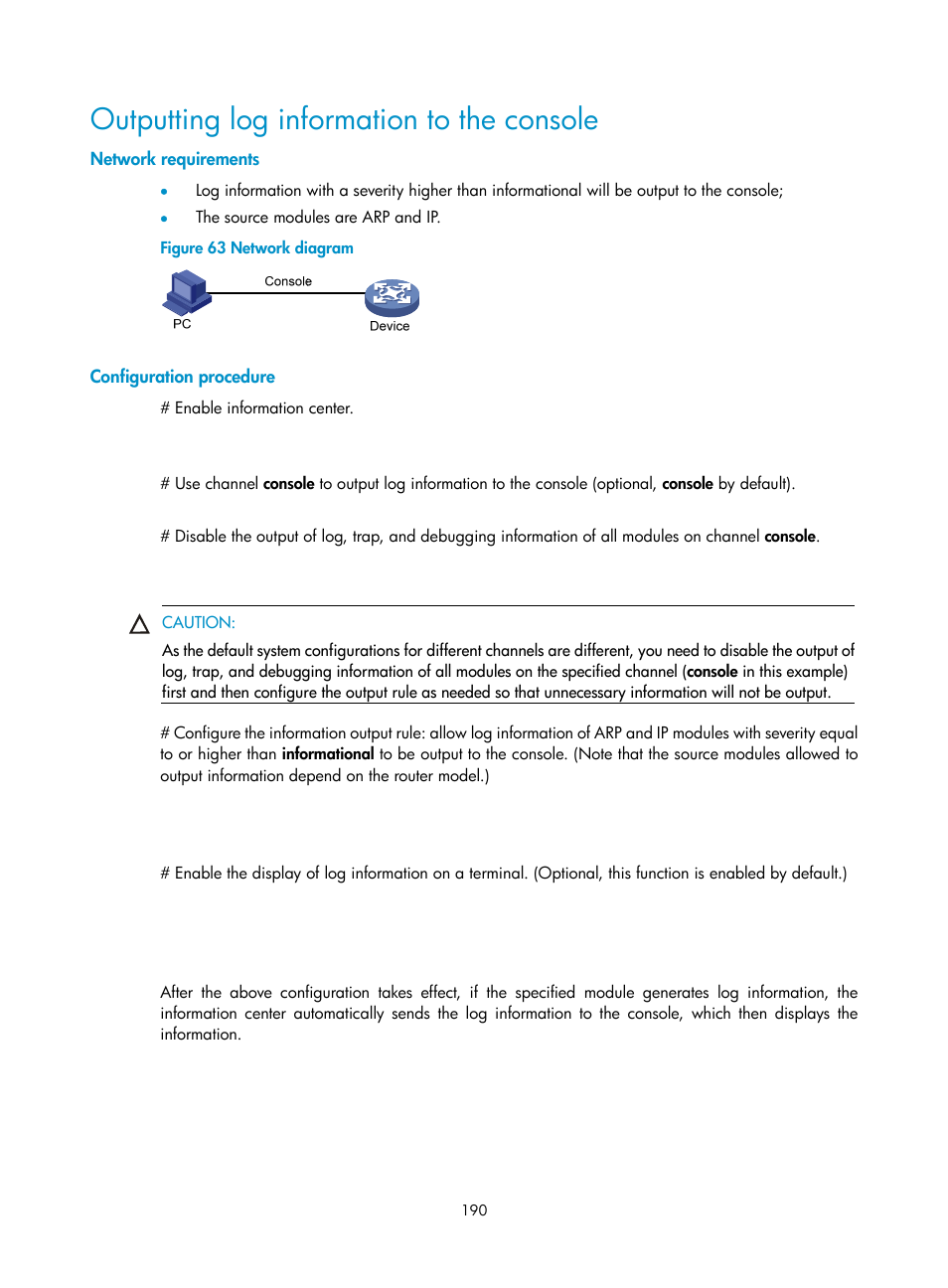 Outputting log information to the console, Network requirements, Configuration procedure | H3C Technologies H3C SR8800 User Manual | Page 202 / 210