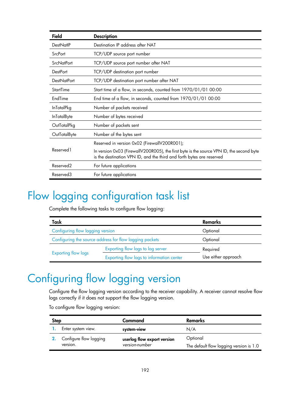 Flow logging configuration task list, Configuring flow logging version | H3C Technologies H3C SR8800 User Manual | Page 204 / 210