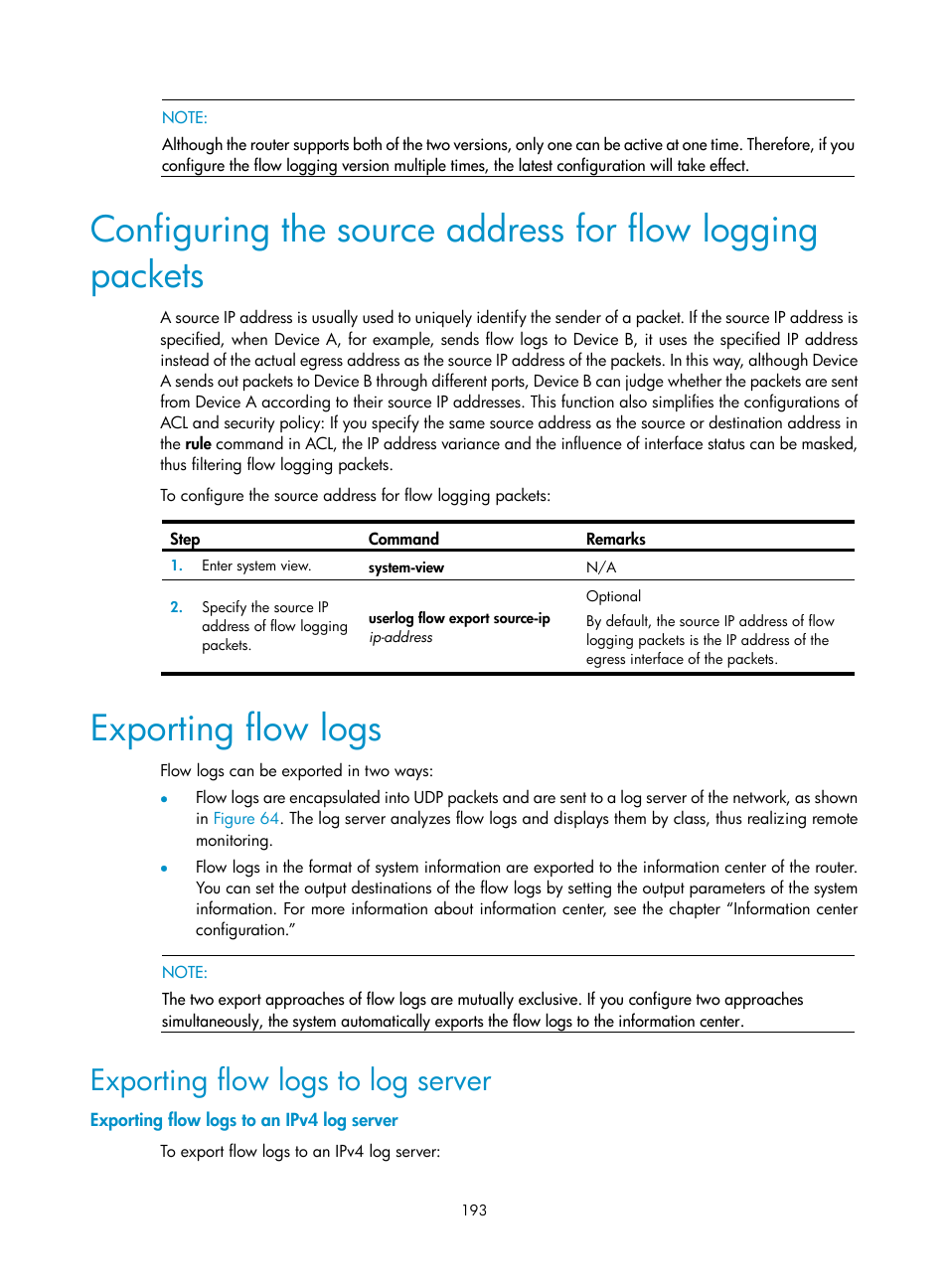 Exporting flow logs, Exporting flow logs to log server, Exporting flow logs to an ipv4 log server | H3C Technologies H3C SR8800 User Manual | Page 205 / 210