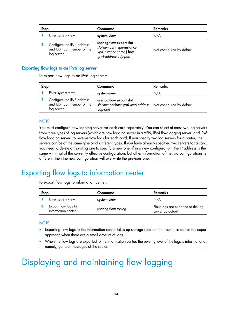 Exporting flow logs to an ipv6 log server, Exporting flow logs to information center, Displaying and maintaining flow logging | H3C Technologies H3C SR8800 User Manual | Page 206 / 210