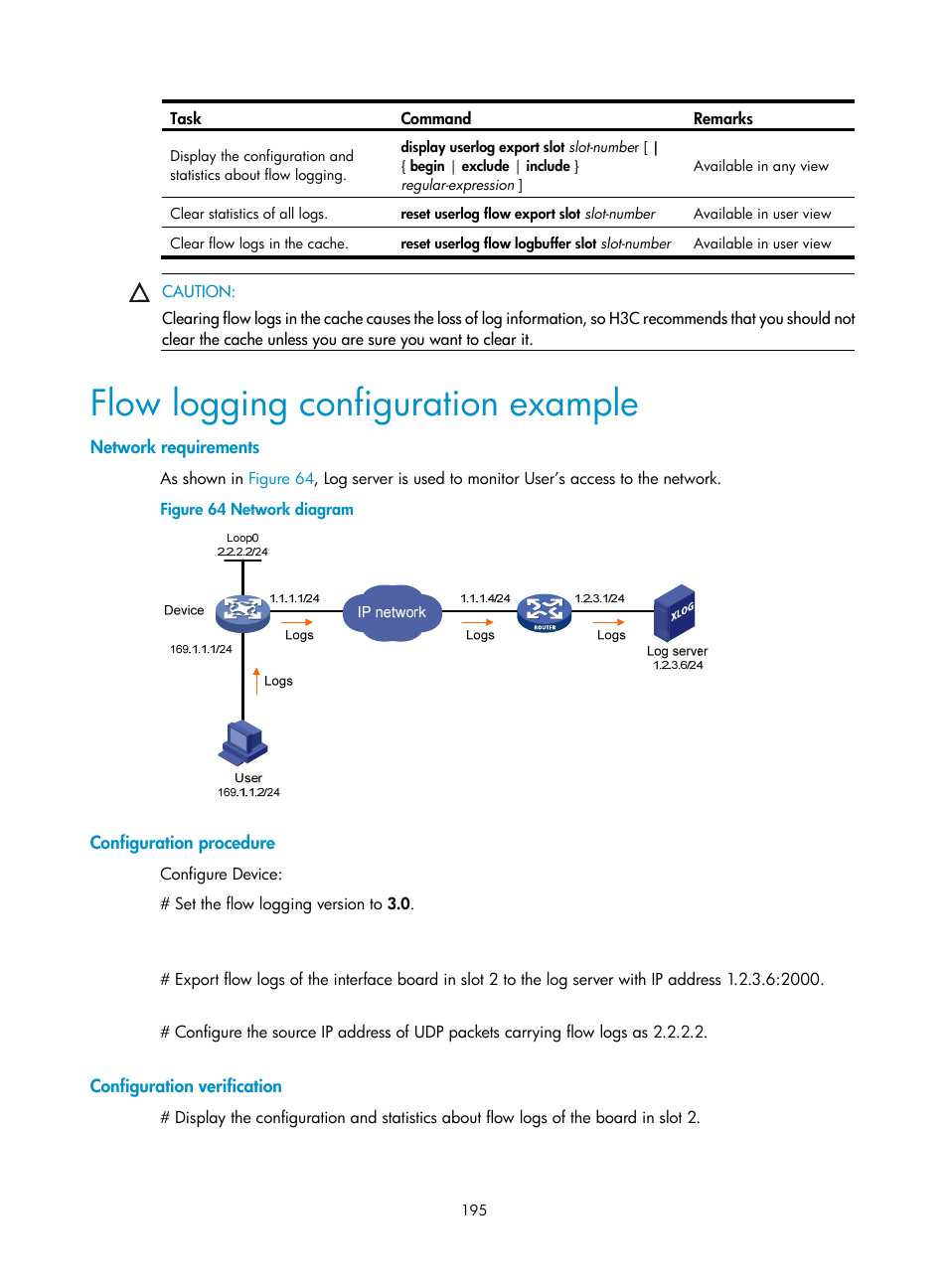 Flow logging configuration example, Network requirements, Configuration procedure | Configuration verification | H3C Technologies H3C SR8800 User Manual | Page 207 / 210