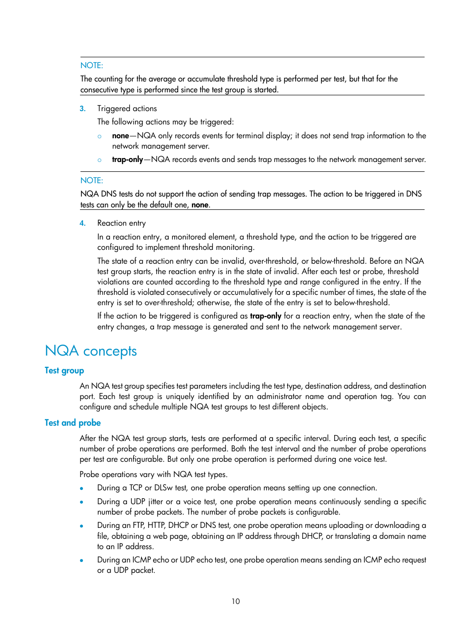 Nqa concepts, Test group, Test and probe | H3C Technologies H3C SR8800 User Manual | Page 22 / 210