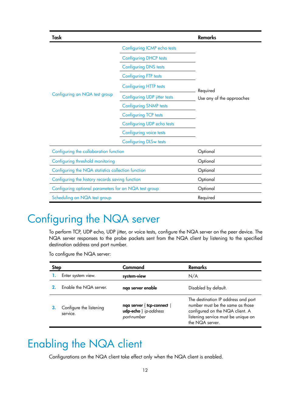 Configuring the nqa server, Enabling the nqa client | H3C Technologies H3C SR8800 User Manual | Page 24 / 210