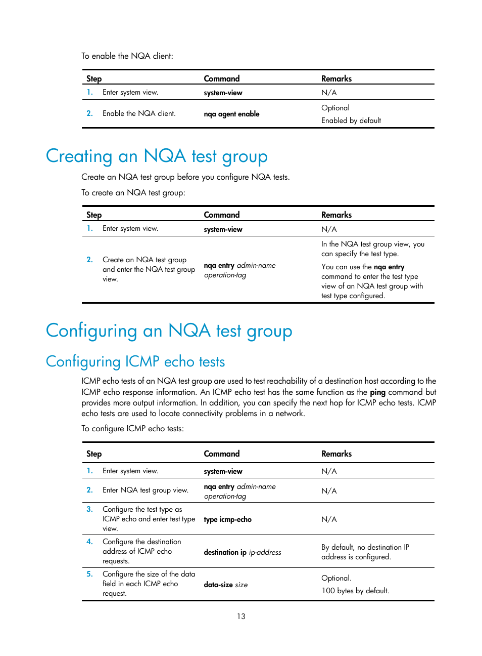 Creating an nqa test group, Configuring an nqa test group, Configuring icmp echo tests | H3C Technologies H3C SR8800 User Manual | Page 25 / 210