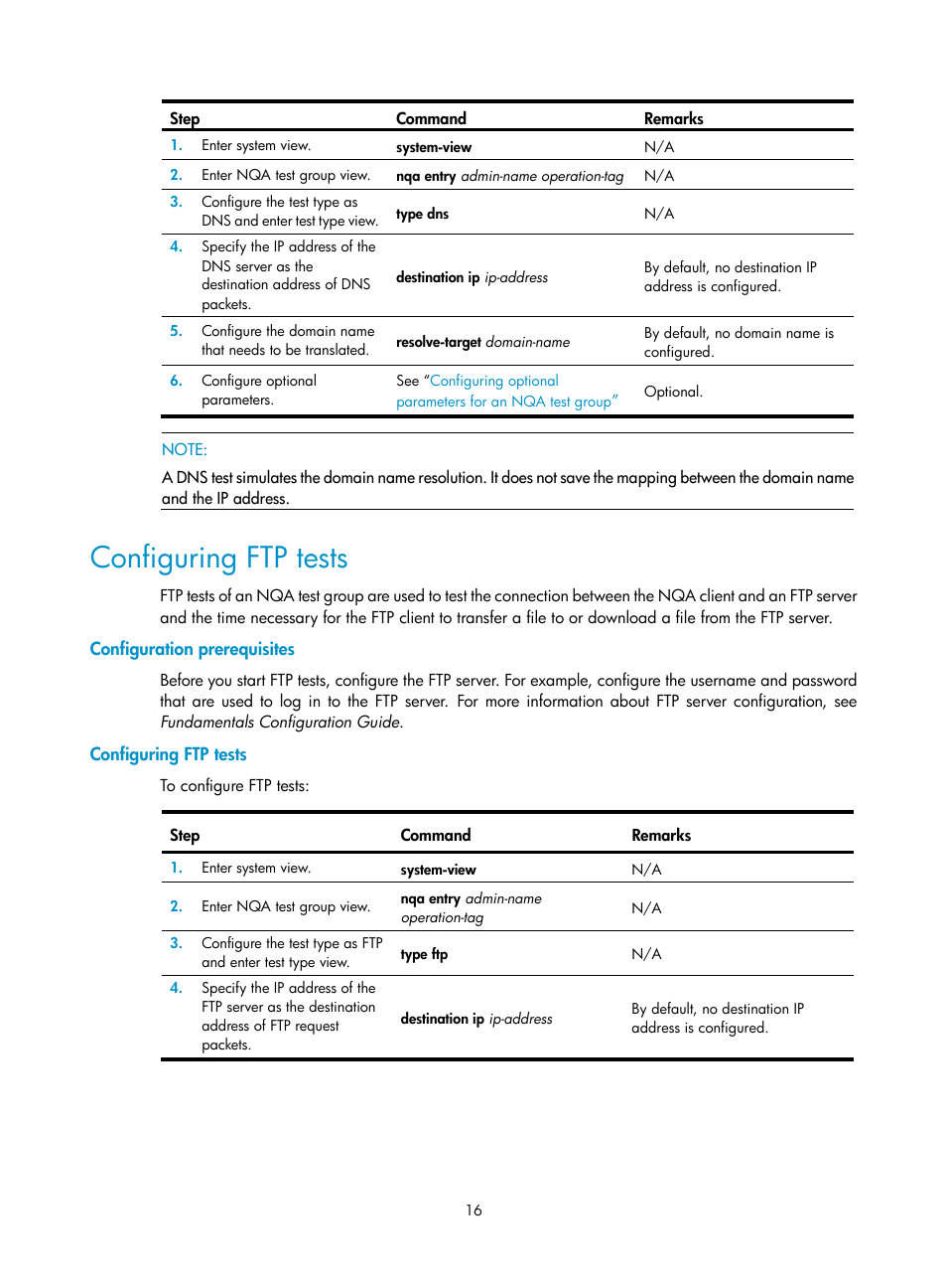 Configuring ftp tests, Configuration prerequisites | H3C Technologies H3C SR8800 User Manual | Page 28 / 210