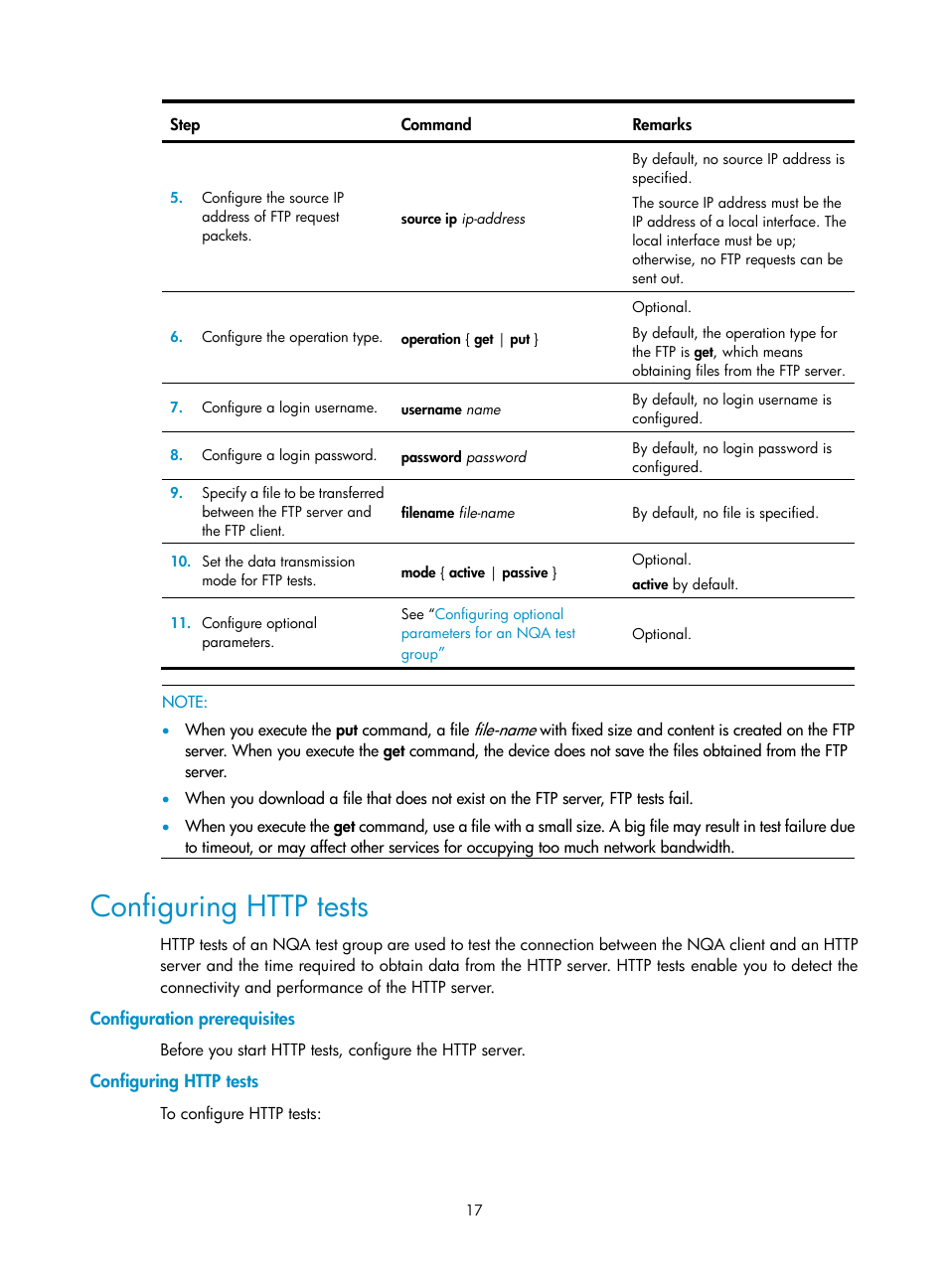 Configuring http tests, Configuration prerequisites | H3C Technologies H3C SR8800 User Manual | Page 29 / 210