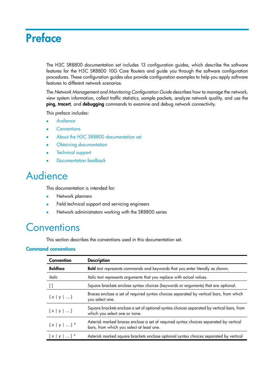 Preface, Audience, Conventions | Command conventions | H3C Technologies H3C SR8800 User Manual | Page 3 / 210