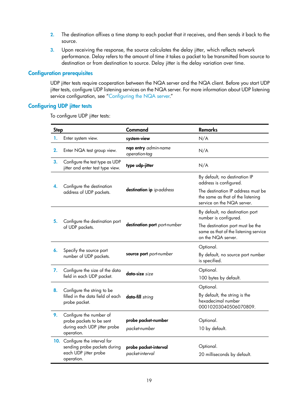 Configuration prerequisites, Configuring udp jitter tests | H3C Technologies H3C SR8800 User Manual | Page 31 / 210