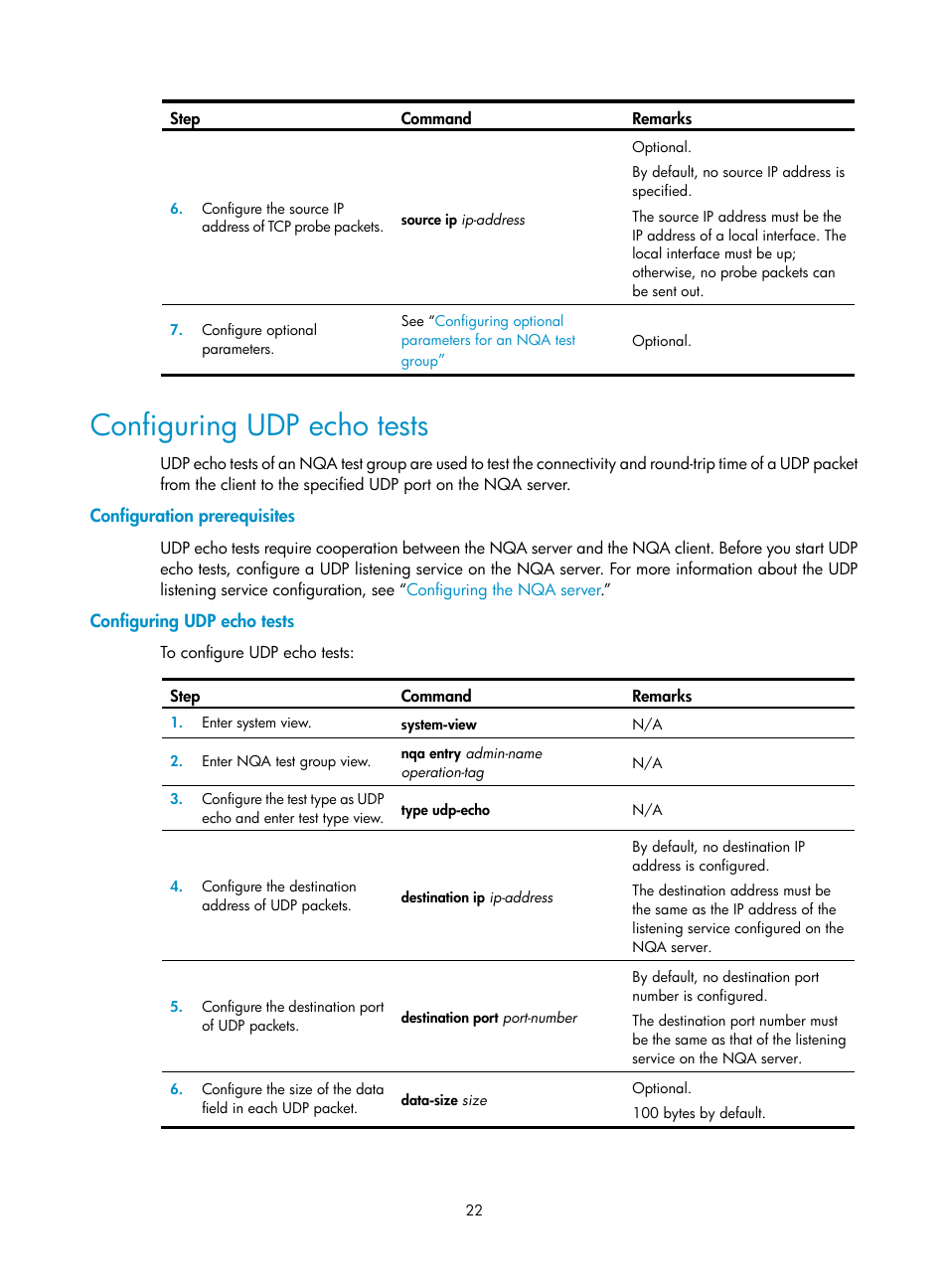 Configuring udp echo tests, Configuration prerequisites | H3C Technologies H3C SR8800 User Manual | Page 34 / 210