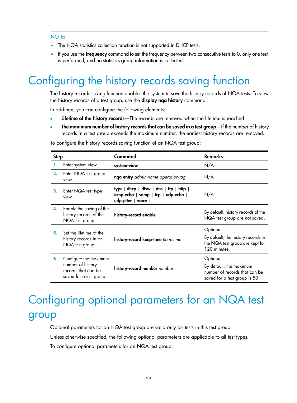 Configuring the history records saving function, Configuring optional, Parameters for an nqa test group | H3C Technologies H3C SR8800 User Manual | Page 41 / 210