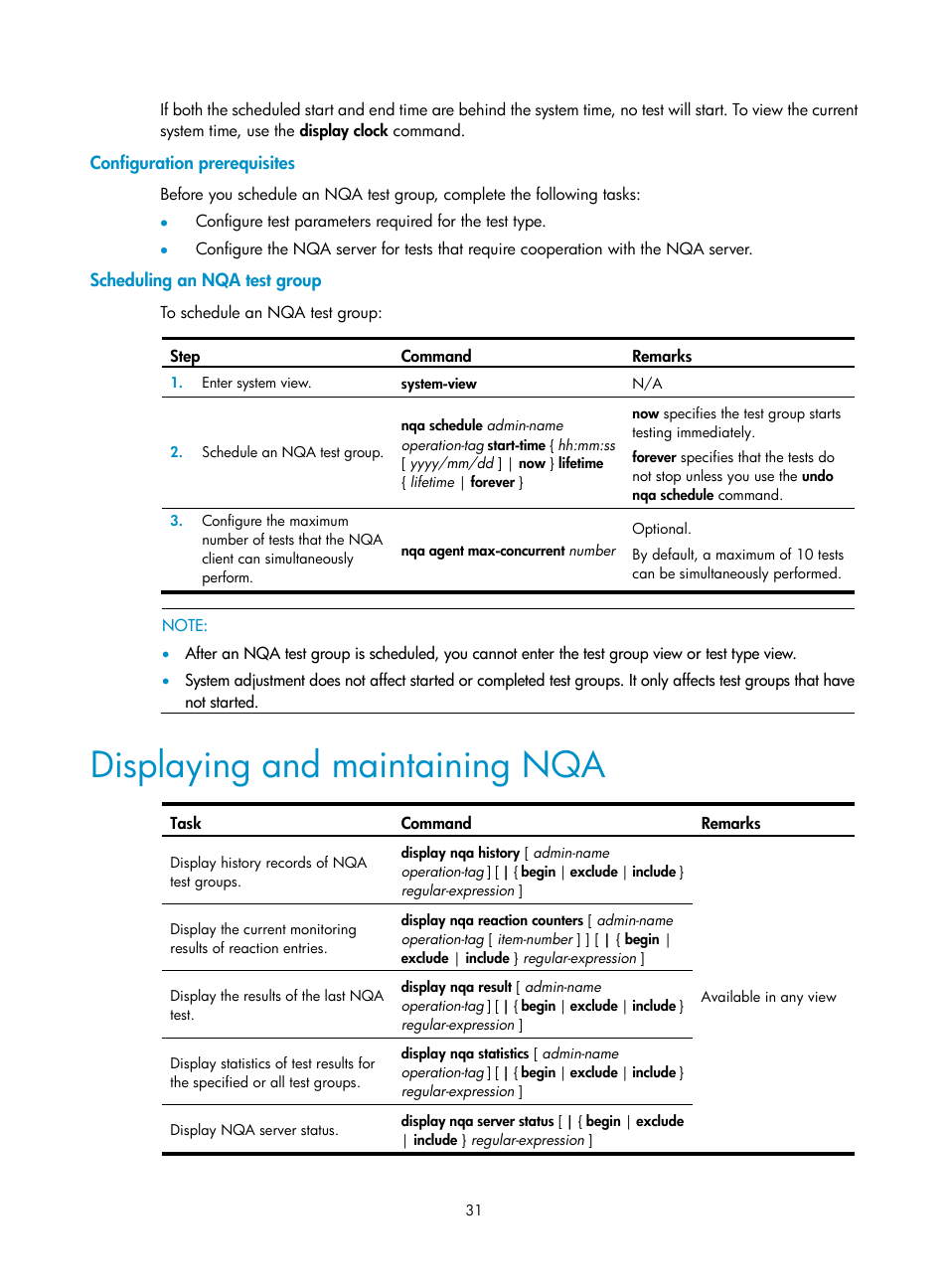 Configuration prerequisites, Scheduling an nqa test group, Displaying and maintaining nqa | H3C Technologies H3C SR8800 User Manual | Page 43 / 210