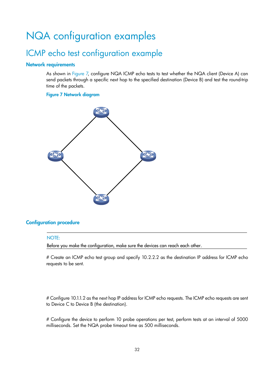 Nqa configuration examples, Icmp echo test configuration example, Network requirements | Configuration procedure | H3C Technologies H3C SR8800 User Manual | Page 44 / 210