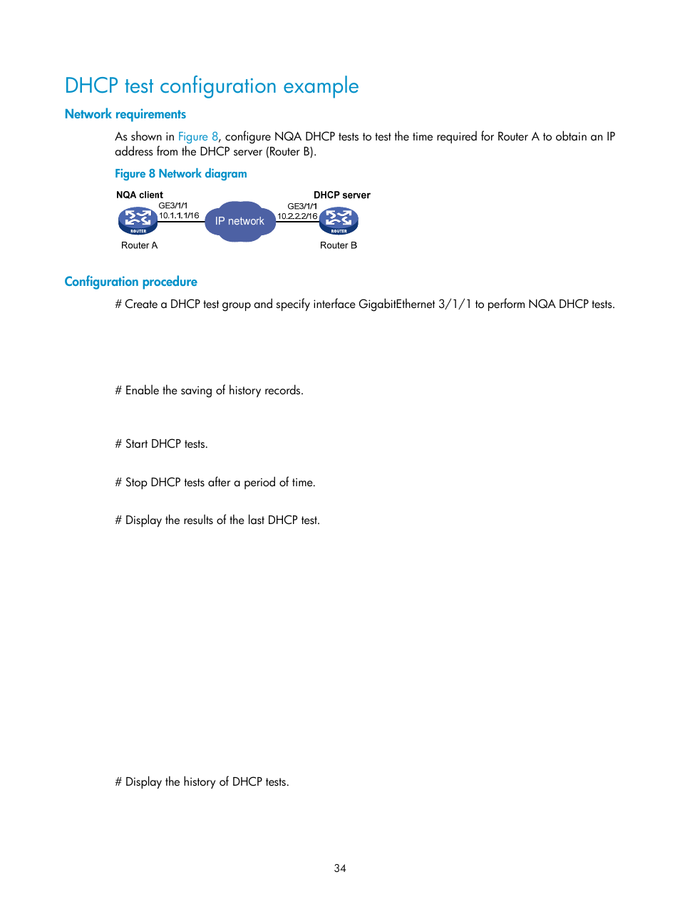 Dhcp test configuration example, Network requirements, Configuration procedure | H3C Technologies H3C SR8800 User Manual | Page 46 / 210