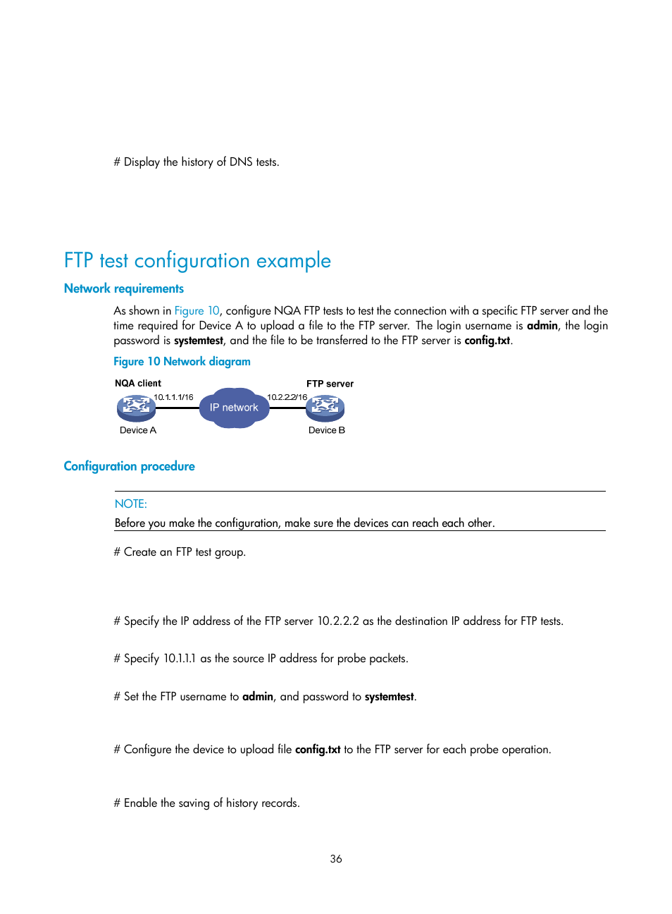 Ftp test configuration example, Network requirements, Configuration procedure | H3C Technologies H3C SR8800 User Manual | Page 48 / 210